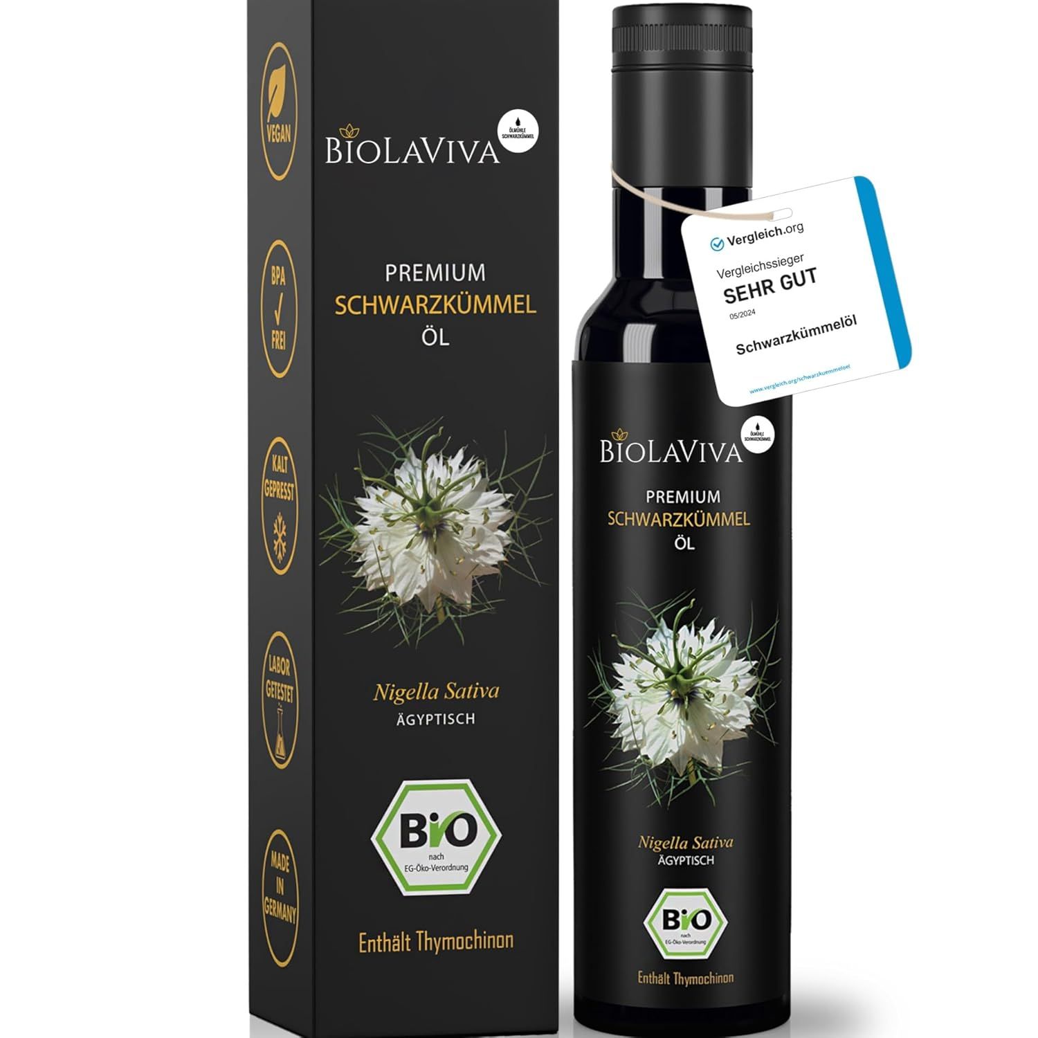 Flasche und Schachtel mit schwarzem Etikett. Aufschrift: BIOLAVIVA Premium Schwarzkümmel Öl. Sehr gut-Label.
