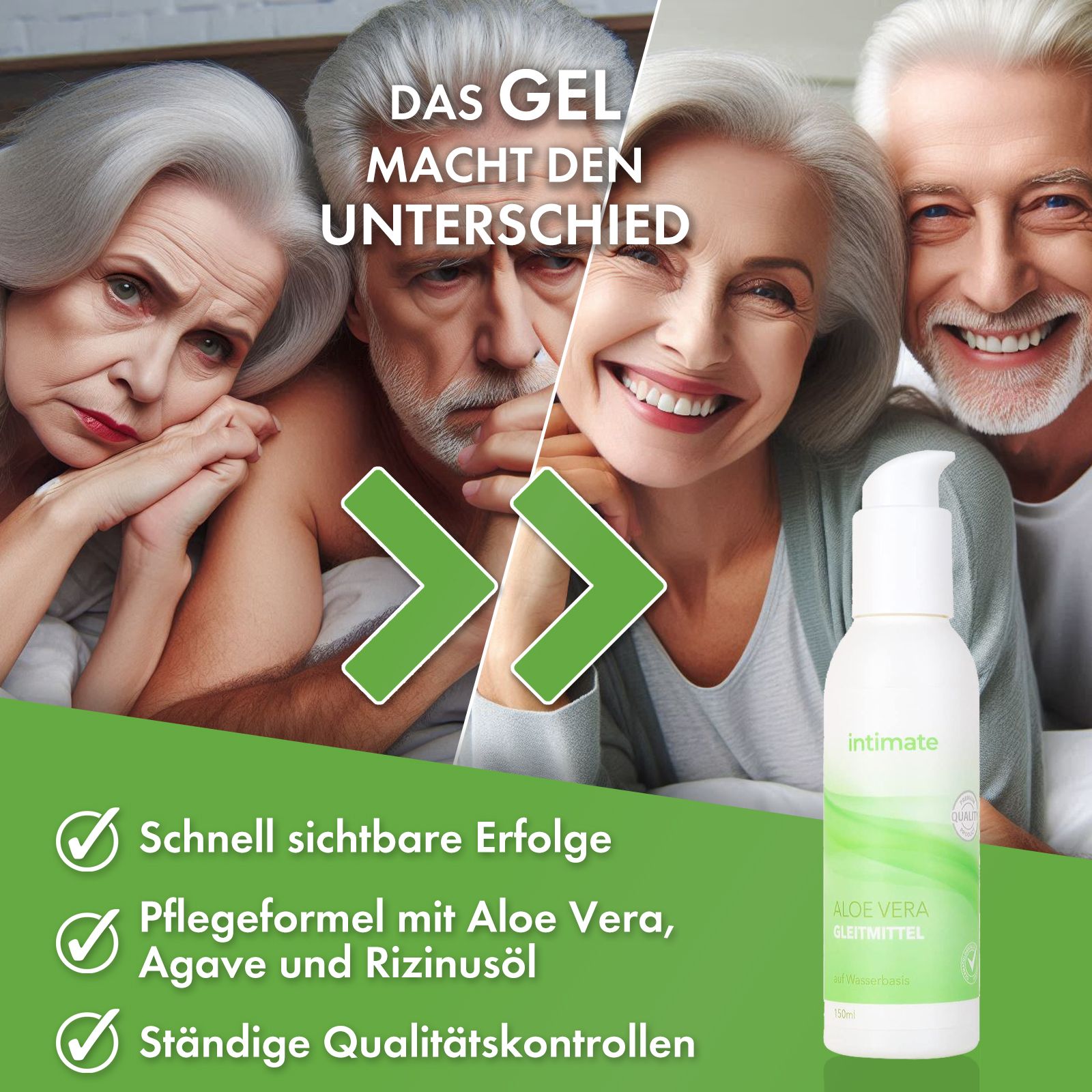 Paar und Flasche. Text: Das Gel macht den Unterschied. Aufzählungspunkte mit Vorteilen.