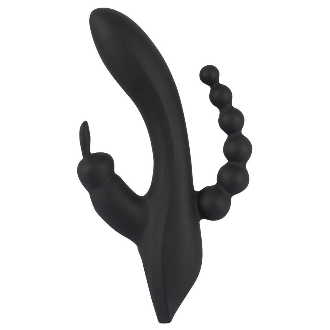 Schwarzer Vibrator mit gebogener Form, einem kugelförmigen Abschnitt und einem weiteren, kleineren Abschnitt.