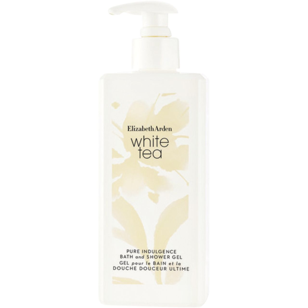 Weiße Flasche mit Pumpe. Aufschrift: Elizabeth Arden White Tea Pure Indulgence Bath and Shower Gel. Floral-Design.