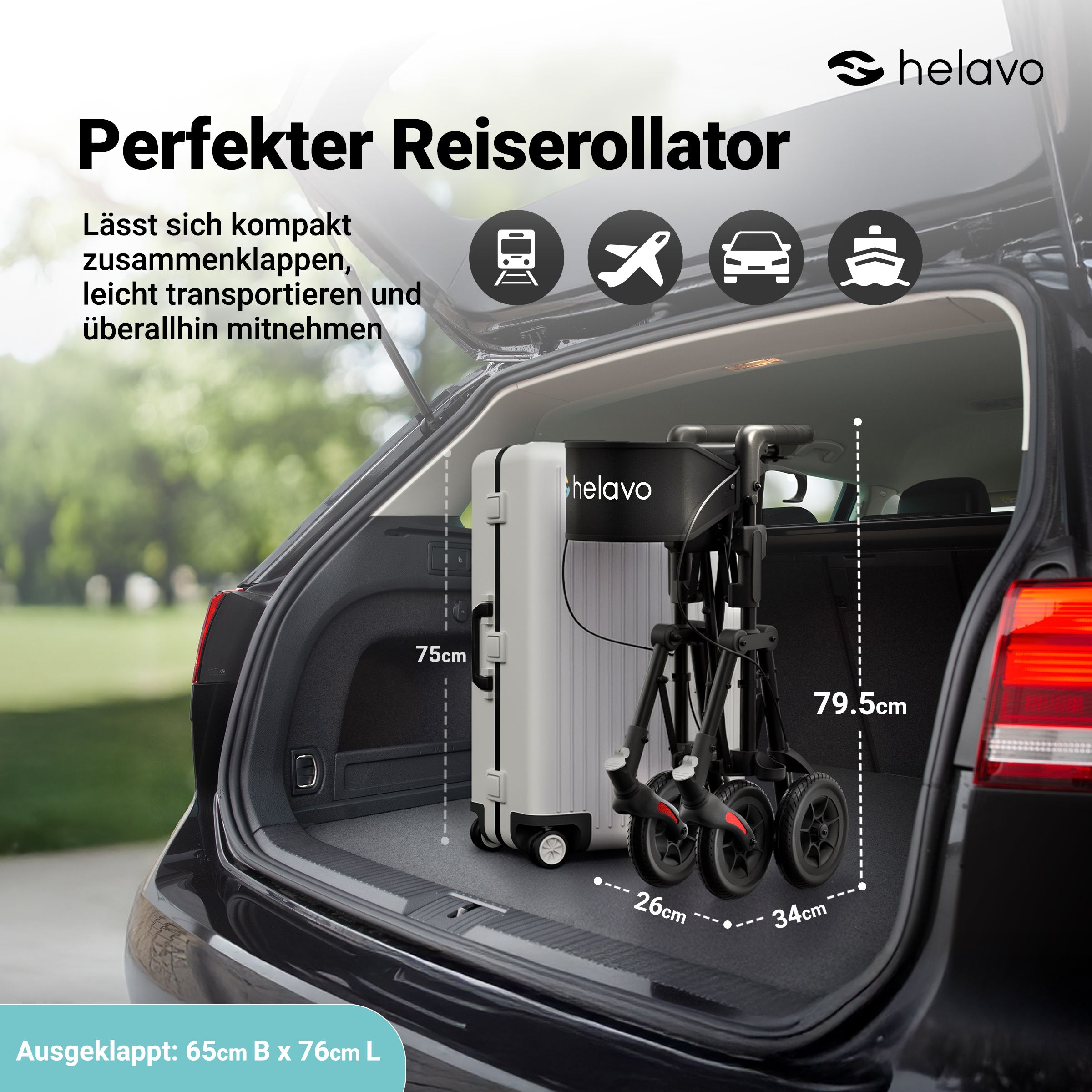 Helavo Reiserollator faltbar leicht mit Sitz Transporttasche und PU Raedern 8,5kg