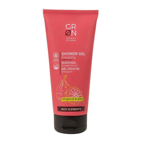 Rosa Duschgel-Tube mit schwarzem Verschluss. Aufschrift: GRN, Shower Gel, Energetisierend, Bergamotte & Olive. Bio-Zertifizierung.