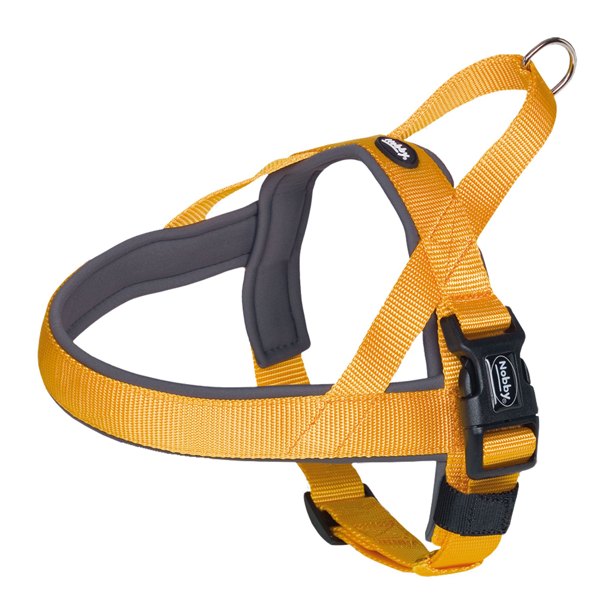 Gelbes Hundegeschirr mit schwarzem Verschluss. Marke Nobby. Gepolstert, mit Metallring.