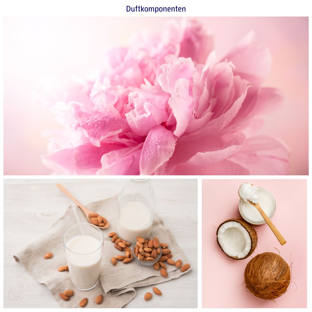 Drie afbeeldingen: roze bloem, amandelmelk met amandelen, kokosnoot met lepel. Tekst: Geurcomponenten.