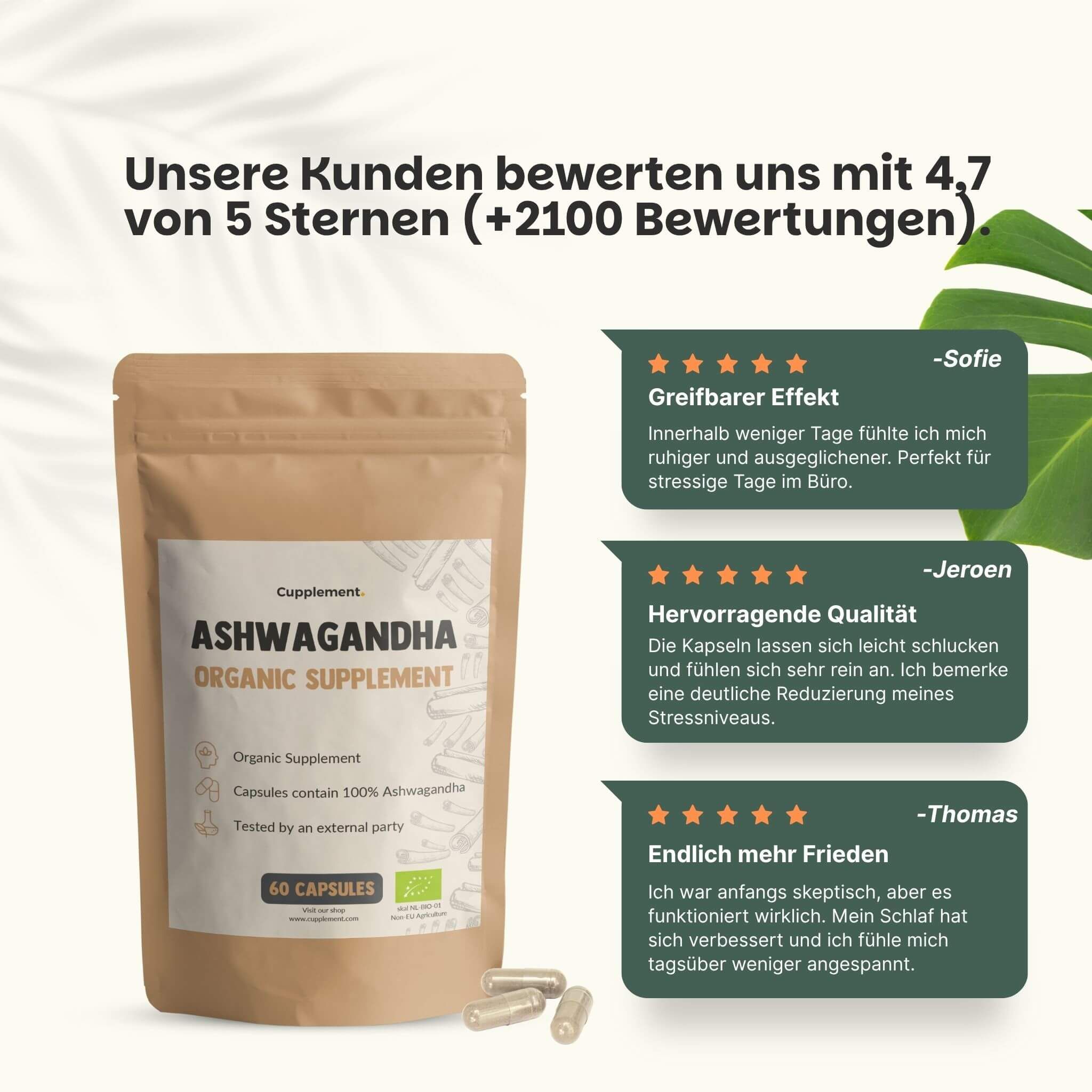 Kapsel mit Ashwagandha-Pulver. Text: Organic Ashwagandha Capsules. 100% natürlich, ohne Füllstoffe, vegan, bio.