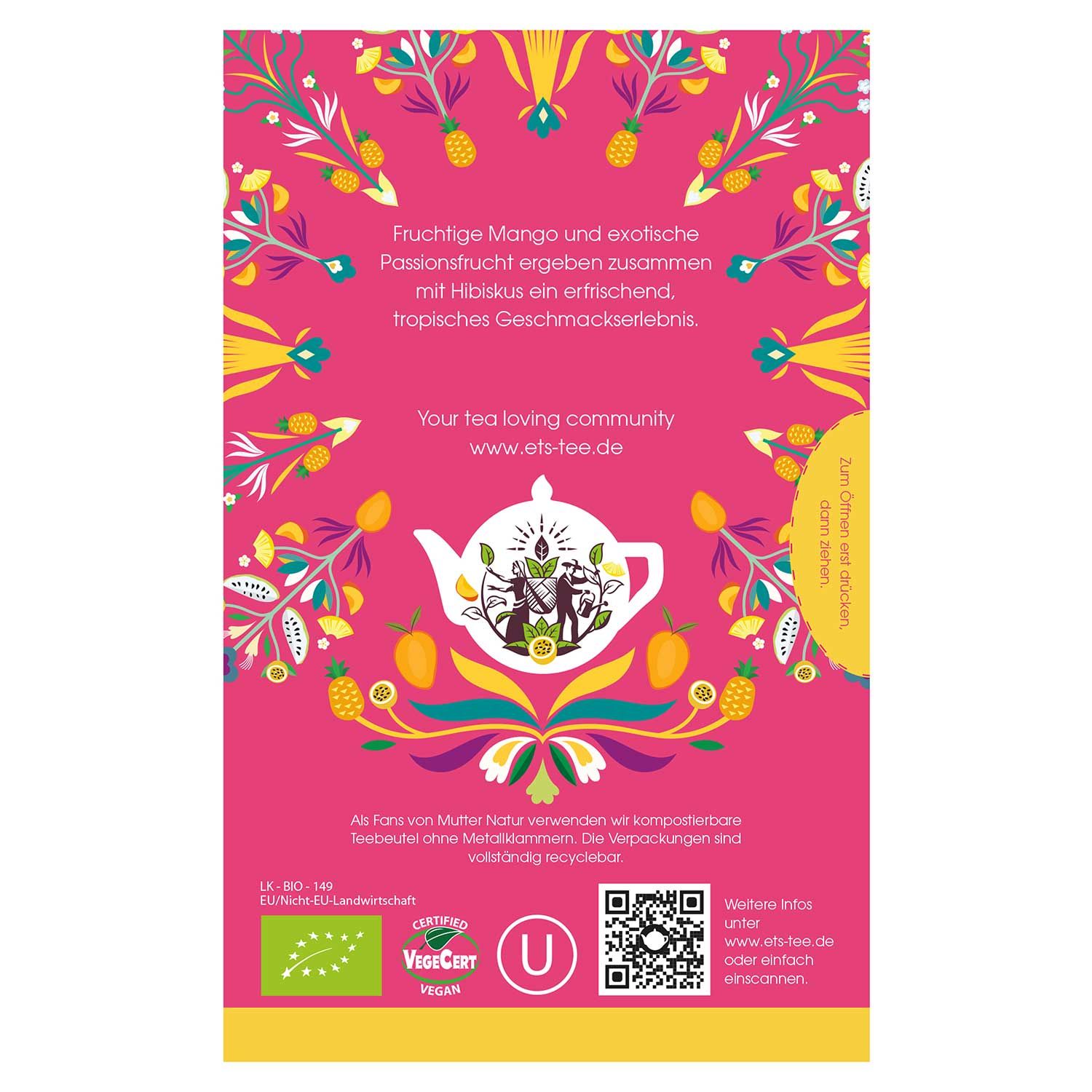 Rückseite der Verpackung. Text: Fruchtige Mango und exotische Passionsfrucht ergeben zusammen mit Hibiskus ein erfrischendes, tropisches Geschmackserlebnis.