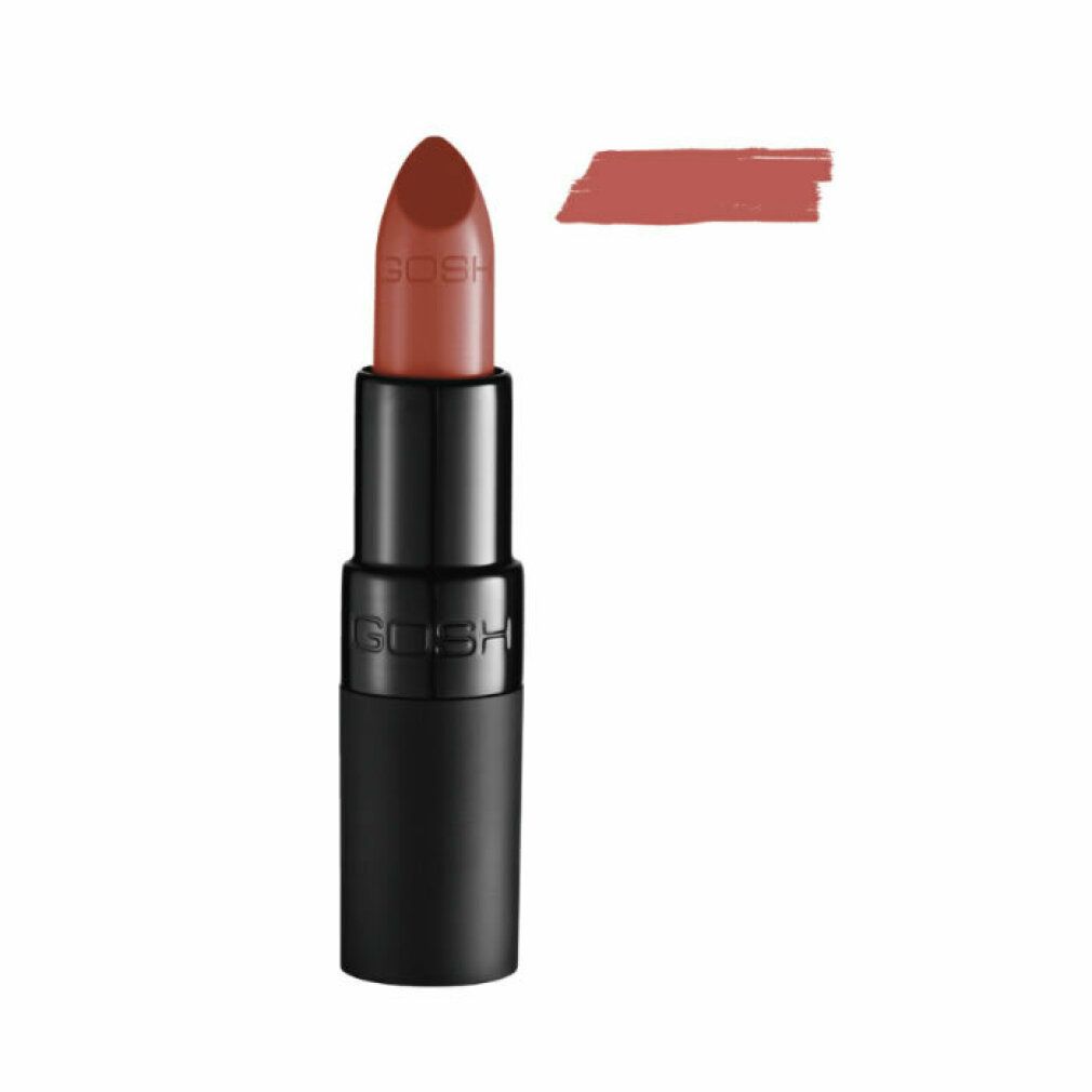 Gosh Velvet Touch Lippenstift 122 Nougat. Der Lippenstift ist braun und in einer schwarzen Hülse. Daneben ein Farbmuster des Lippenstifts. Der Lippenstift ist in einer aufrechten Position abgebildet.