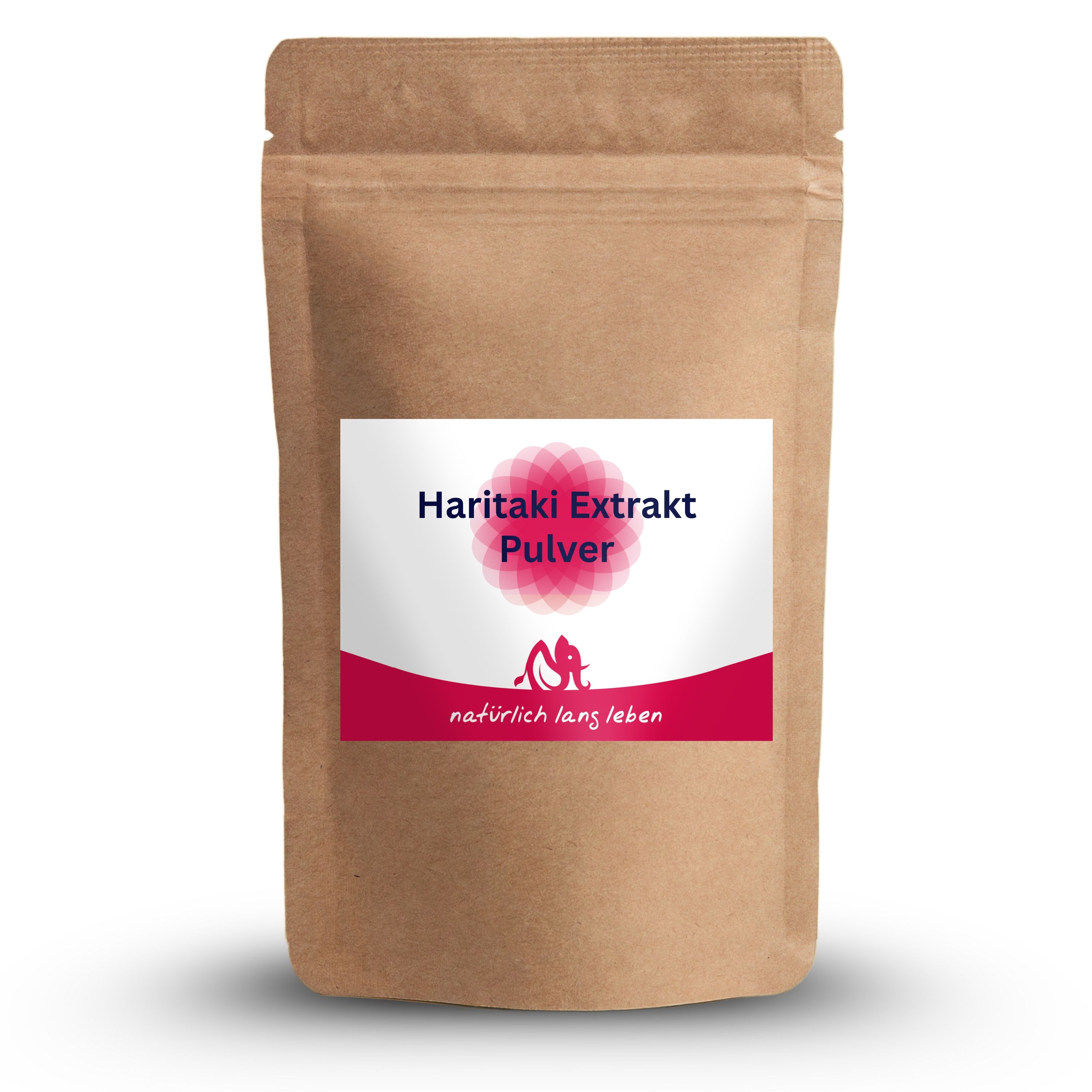 Beutel mit Etikett. Aufschrift: Haritaki Extrakt Pulver. Logo: natürlich lang leben.