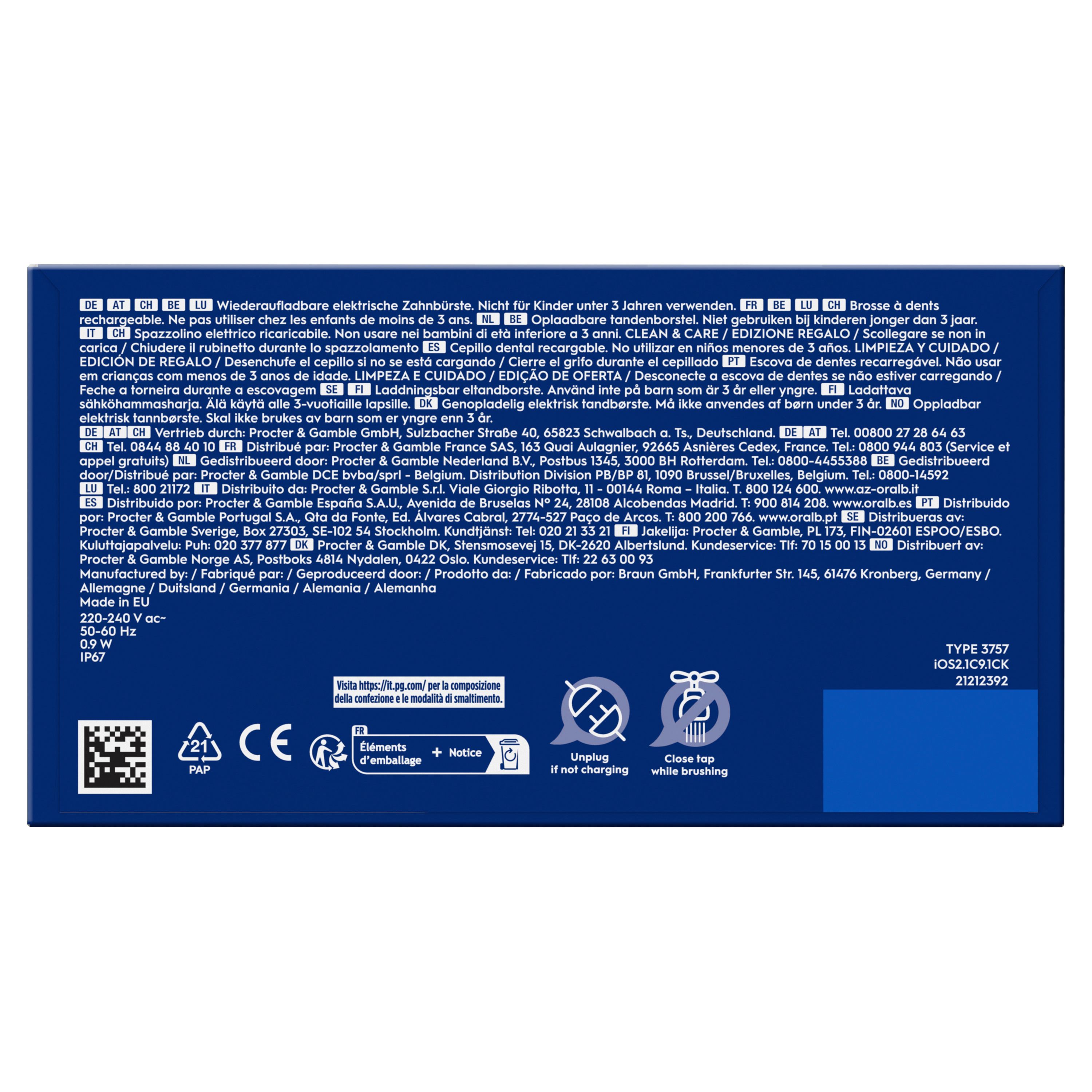 Rückseite der Verpackung der elektrischen Zahnbürste. Text in mehreren Sprachen, technische Daten, Logos und Zertifizierungen.