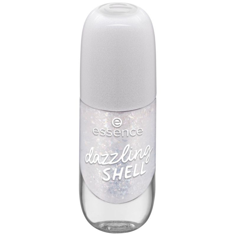 Essence Nagellack mit Glitzerpartikeln, Fläschchen geöffnet mit Applikator daneben.
