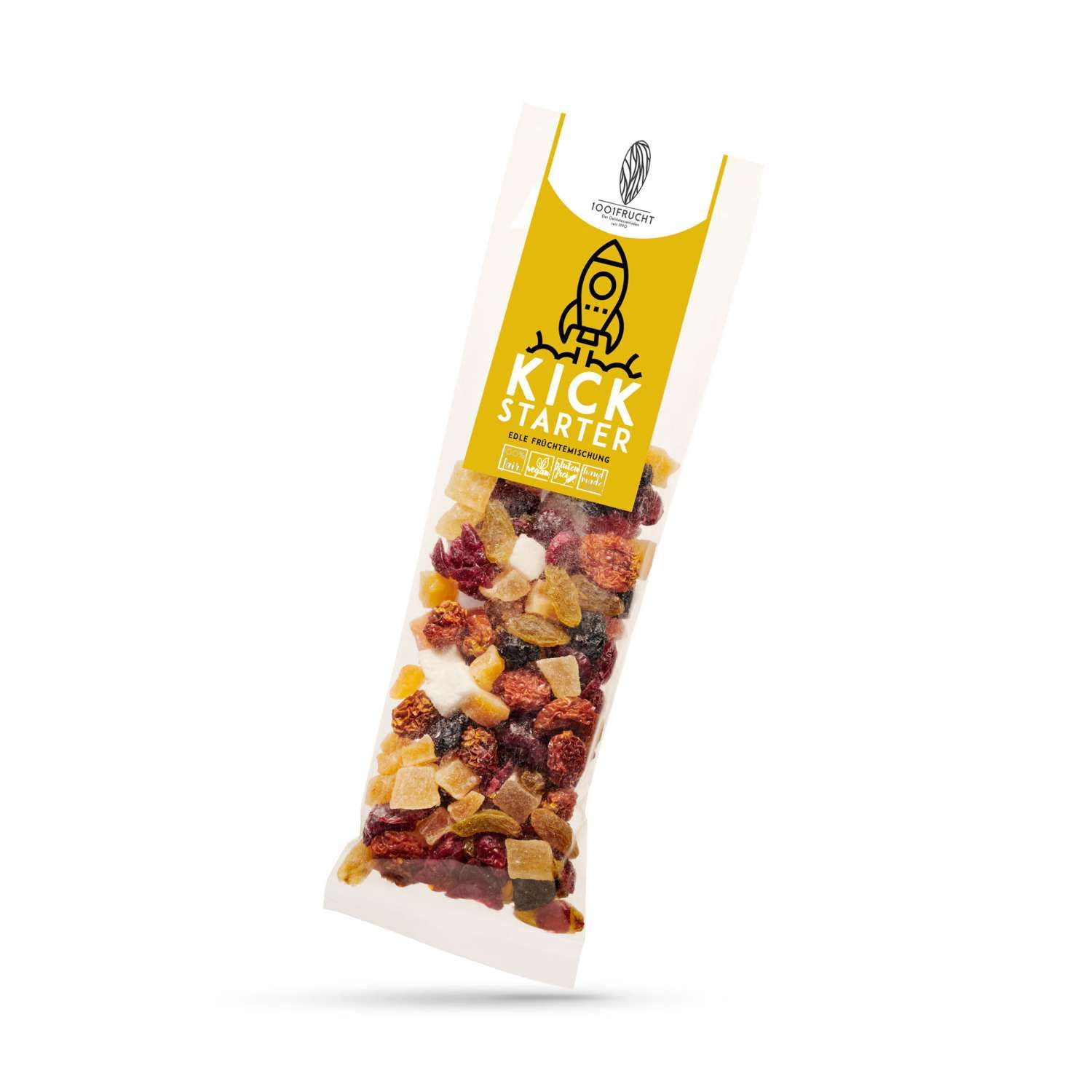 Klare Verpackung mit getrockneten Früchten. Auf gelbem Etikett: „KICK STARTER“ und Logo. Marke: 1001 Frucht.
