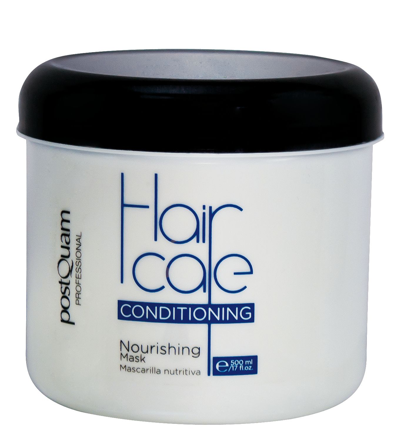 Weißer Tiegel mit schwarzem Deckel. Aufschrift: Hair Care Conditioning, Nourishing Mask. Marke: Postquam.