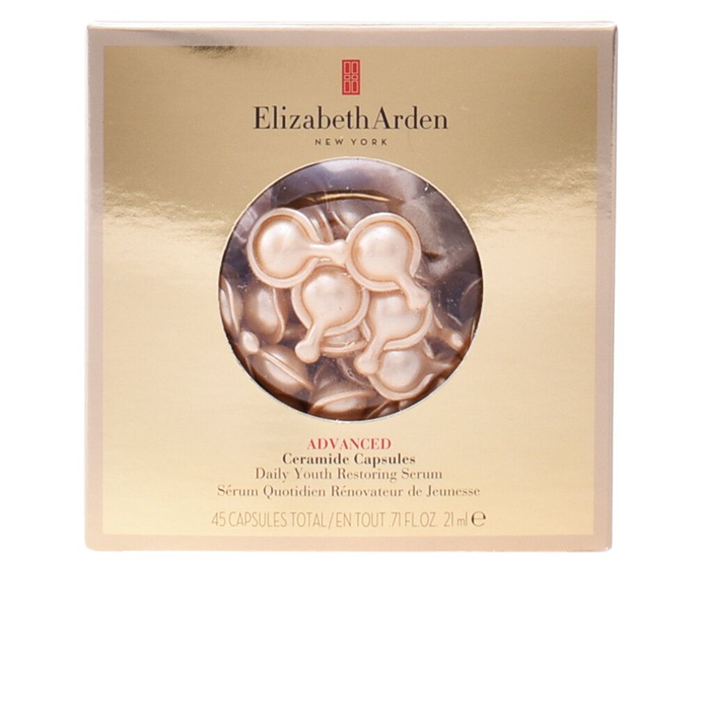 Goldene Schachtel mit Ceramid-Kapseln. Aufschrift: Elizabeth Arden, Advanced Ceramide Capsules, Daily Youth Restoring Serum, 45 Kapseln.