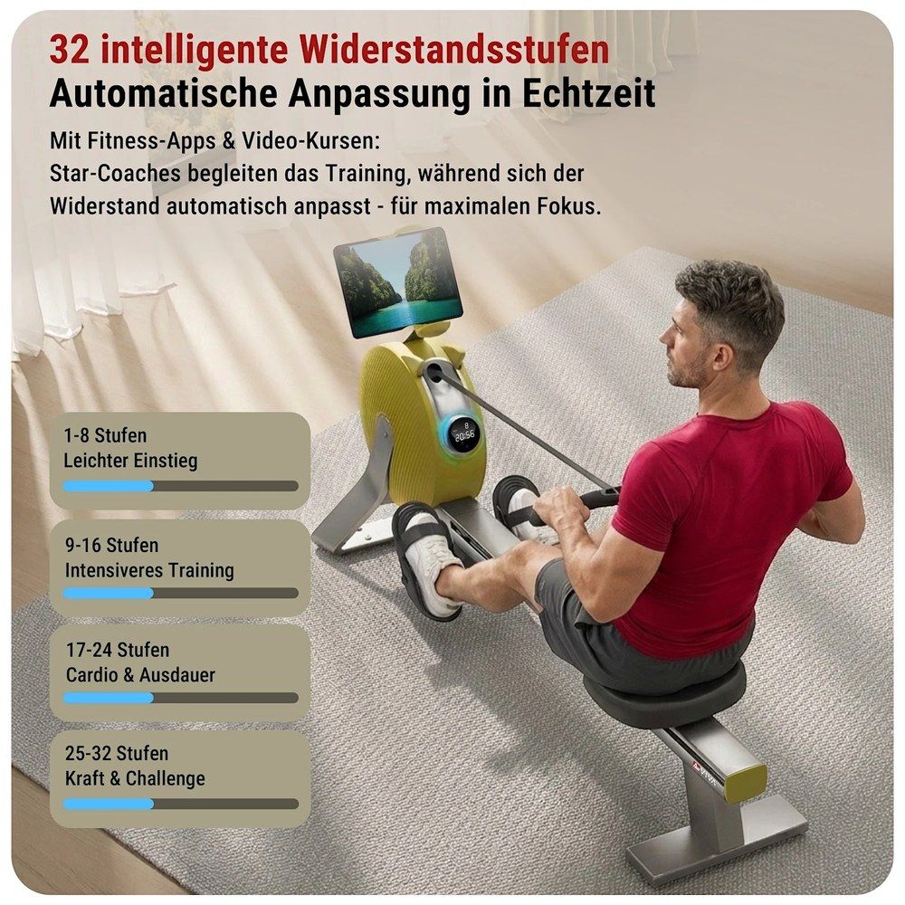 Mann auf AsVIVA Rudergerät PowerGen RA20, Tablet zeigt Trainingsstufen.