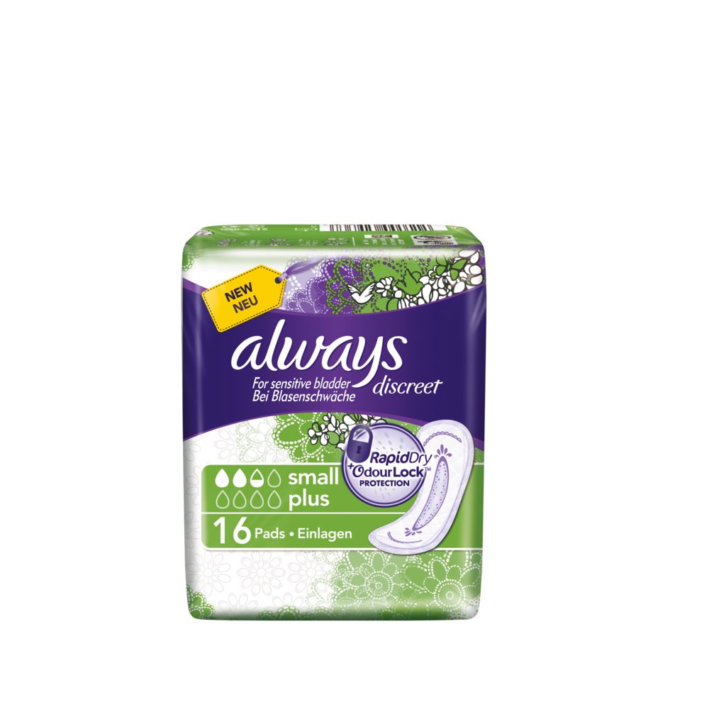 Packung Always Discreet Small Plus. 16 Einlagen. Aufdruck: Für sensible Blase. Mit RapidDry und ColourLock.