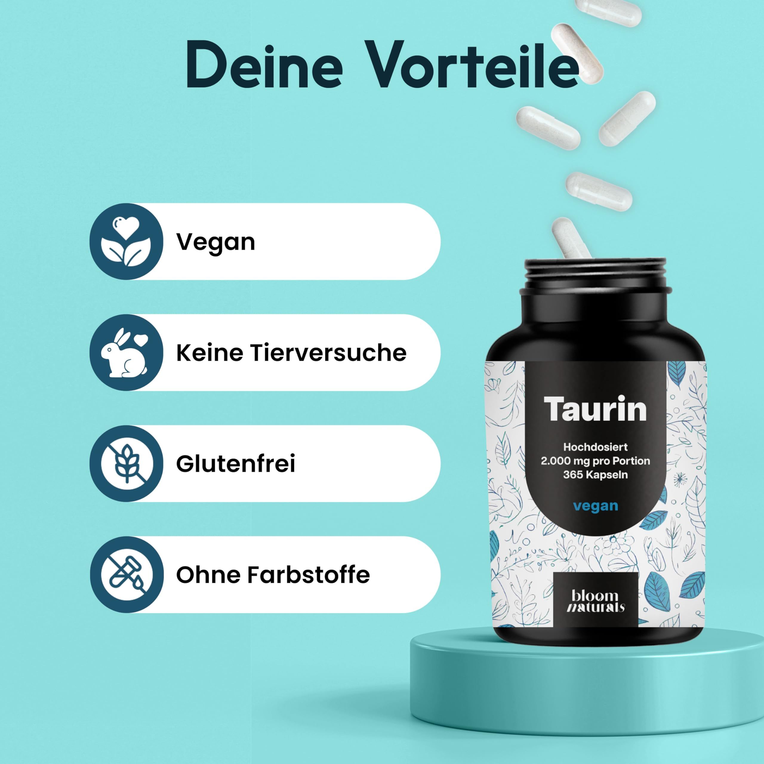 Bloom Naturals Taurin Kapseln: Vegan, keine Tierversuche, glutenfrei, ohne Farbstoffe.
