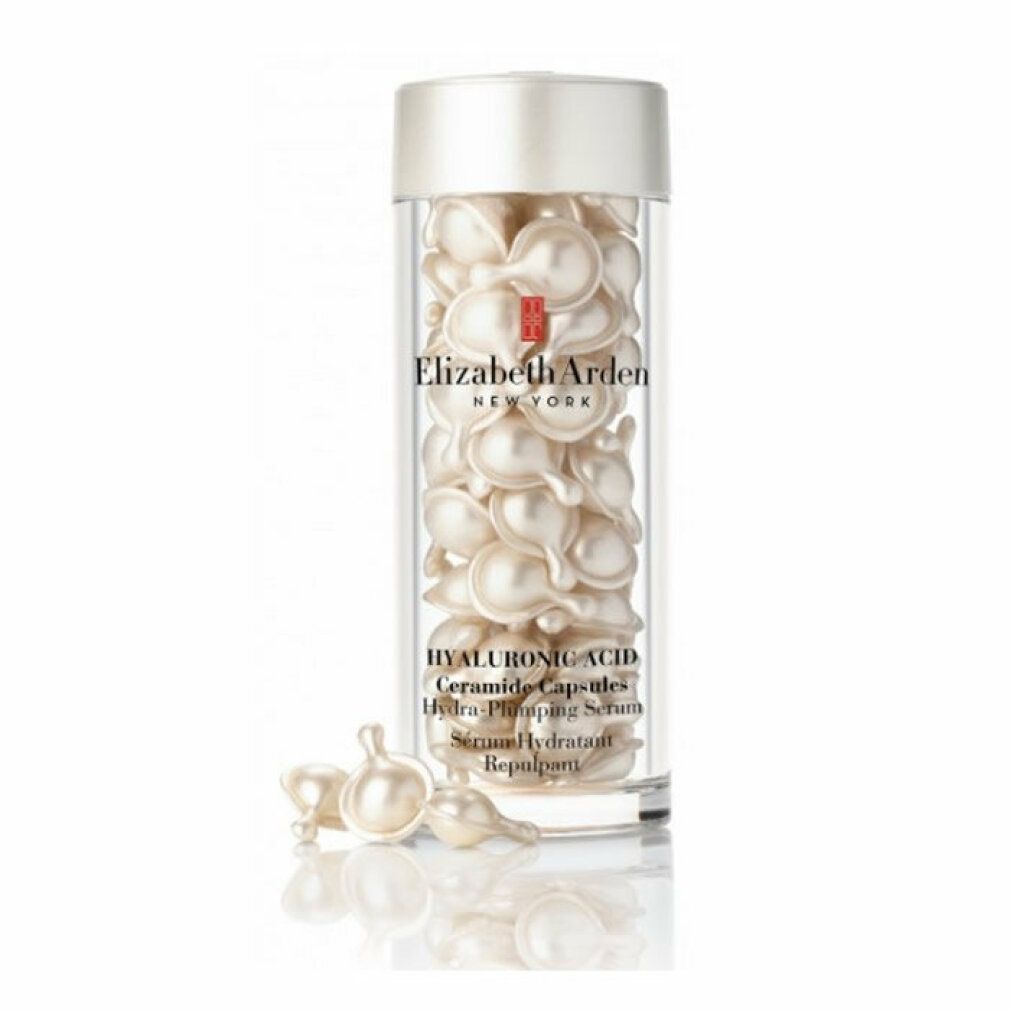 Flasche mit Kapseln. Aufschrift: Elizabeth Arden New York. Produktname und Inhaltsstoffe.