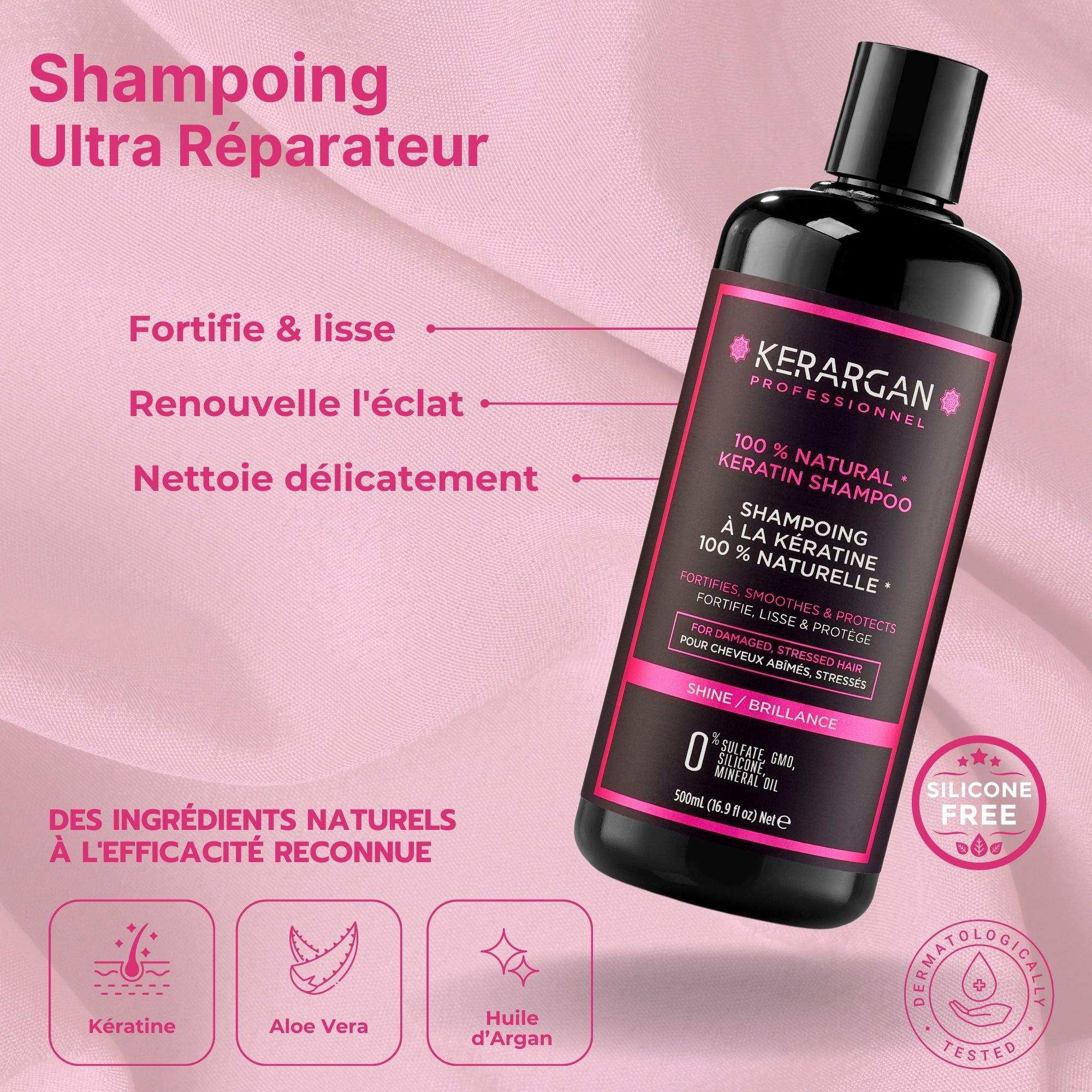 Flacon noir de shampooing Kerargan avec étiquette rose. Contient 100% kératine naturelle. 500ml. Sans silicone. Testé dermatologiquement.