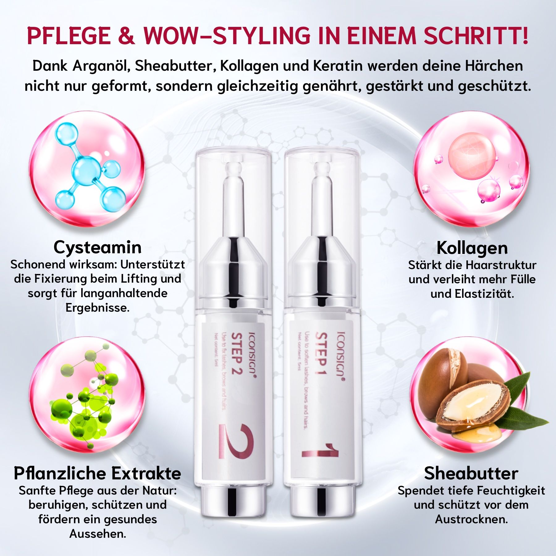 Zwei Flaschen mit Text: Step 1 und Step 2, Iconsign. Text: Pflege & Wow-Styling in einem Schritt. Inhaltsstoffe: Cysteaamin, Kollagen, Sheabutter.