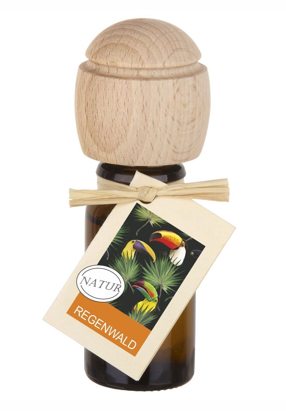 Braune Glasflasche mit Holzverschluss und Etikett. Etikett mit Toucan-Illustration und Schriftzug 'Regenwald'.