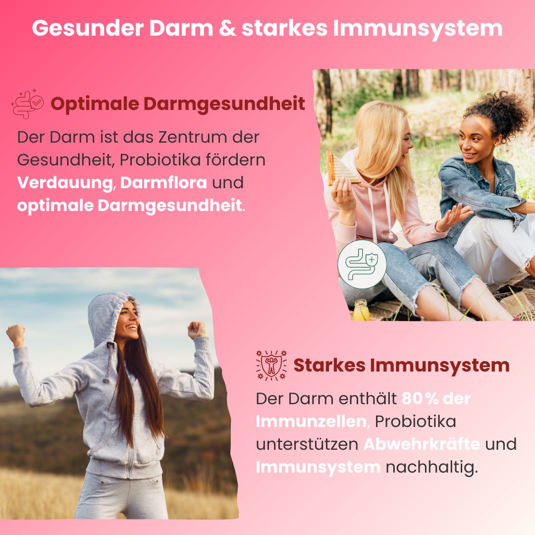 Zwei Frauen unterhalten sich. Text: Optimaler Darmgesundheit, starkes Immunsystem. Frau hebt Arme.