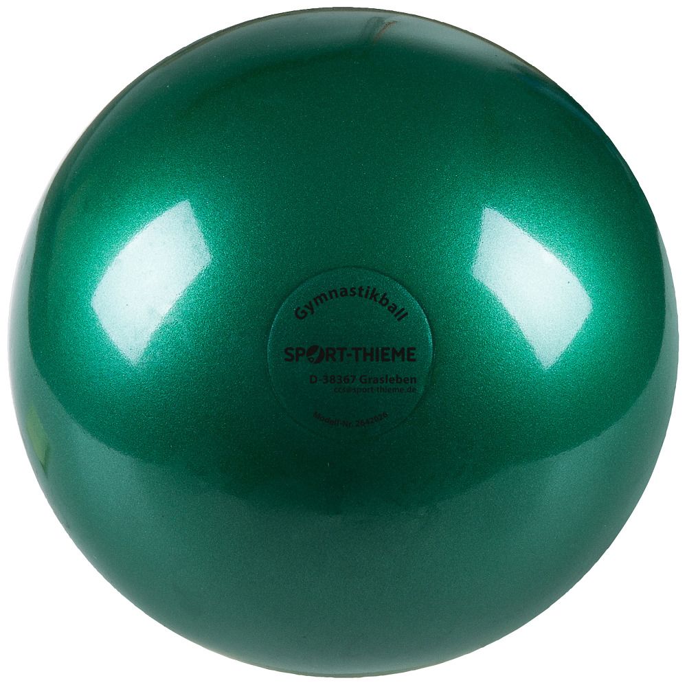 Grüner Gymnastikball. Aufdruck mit Logo und Text: SPORT-THIEME, Gymnastikball, D-38367 Grasleben.