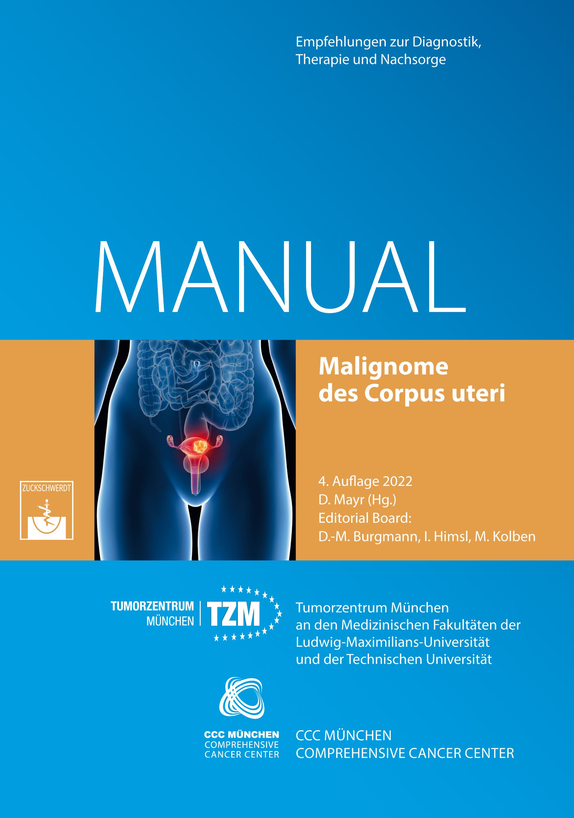 Buchcover: MANUAL Malignome des Corpus uteri. 4. Auflage 2022. Illustration des weiblichen Unterleibs mit hervorgehobenem Uterus.