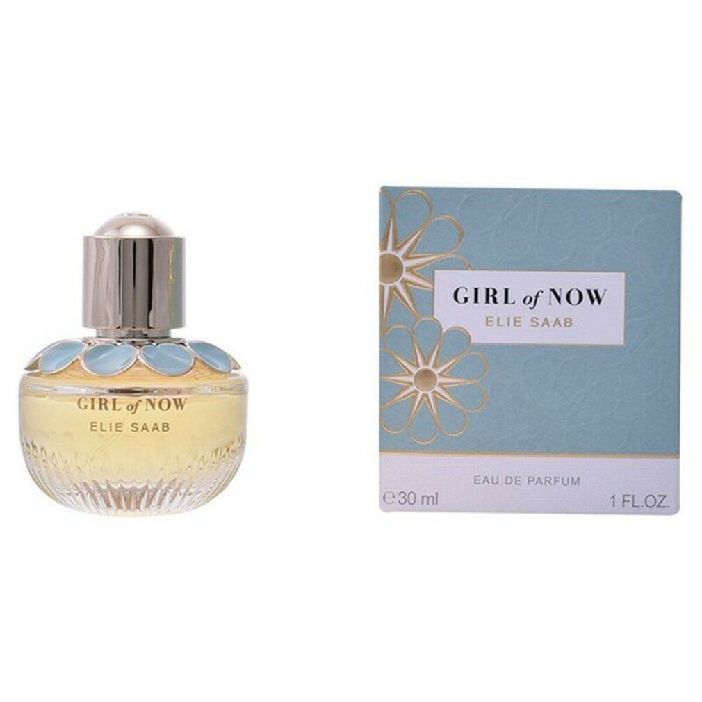 Parfümflasche und Schachtel. Aufschrift: GIRL of NOW, ELIE SAAB. Schachtel mit Blumenmuster und Text.