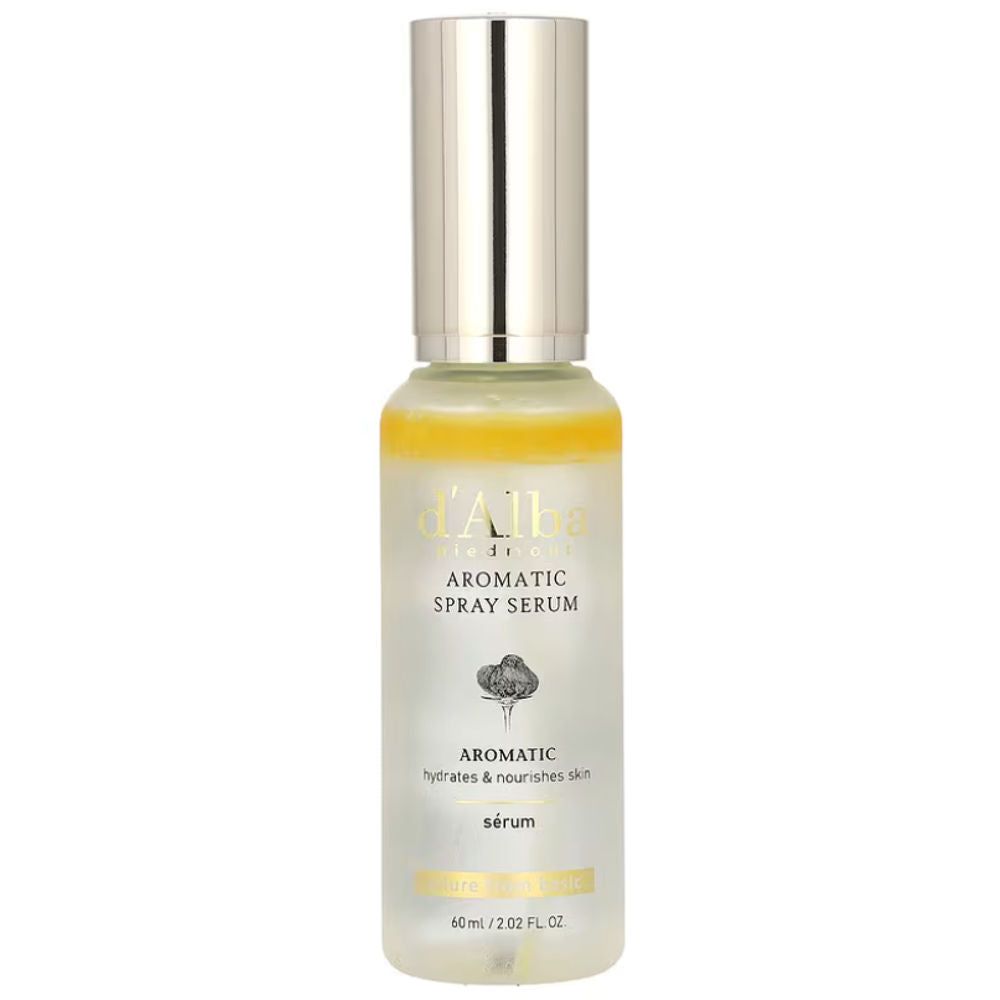 Sprühflasche mit silberner Kappe. Aufschrift: Aromatic Spray Serum. Enthält ein Produkt mit 60 ml.