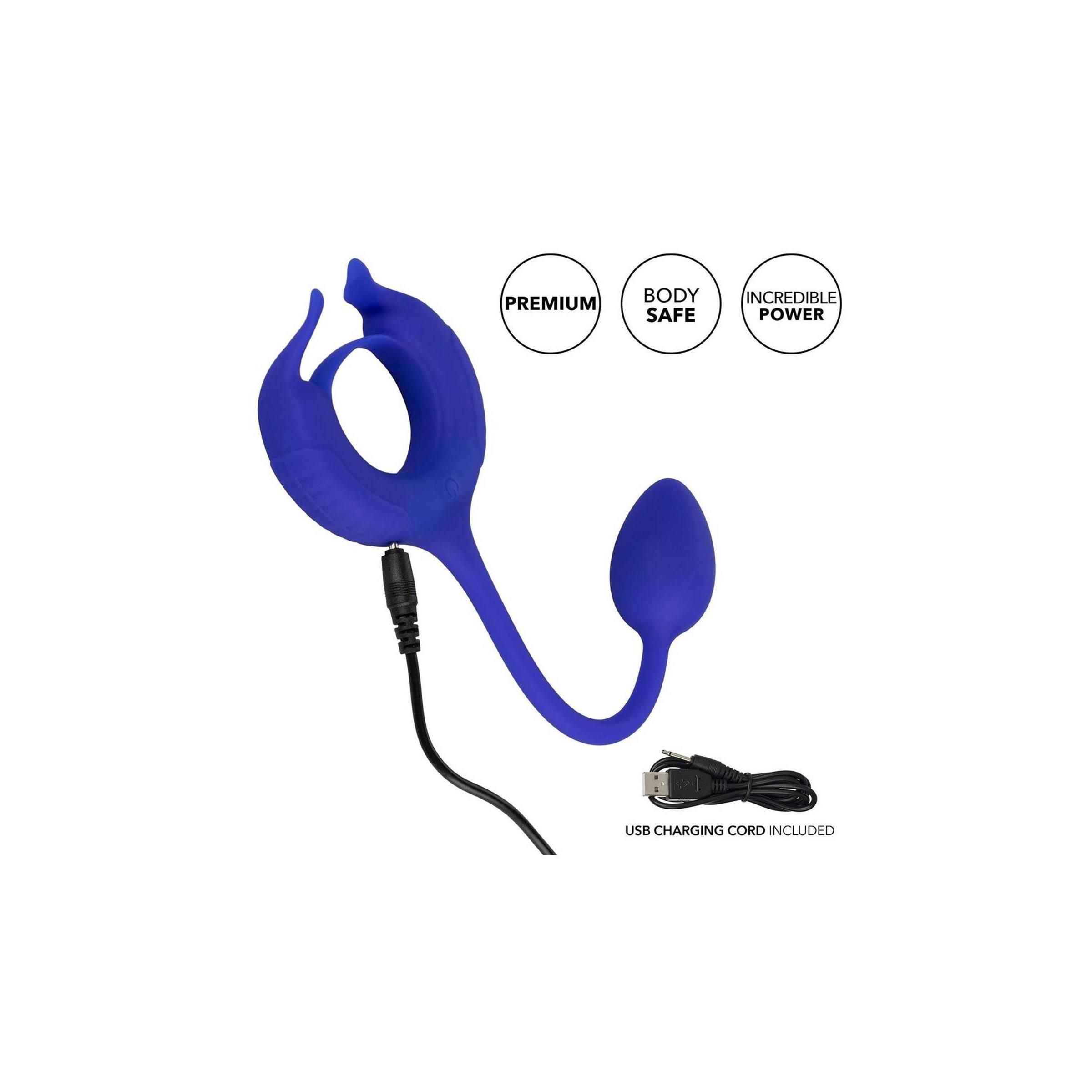 Blauer Cockring mit Ring und kegelförmigem Ende. USB-Ladekabel enthalten.