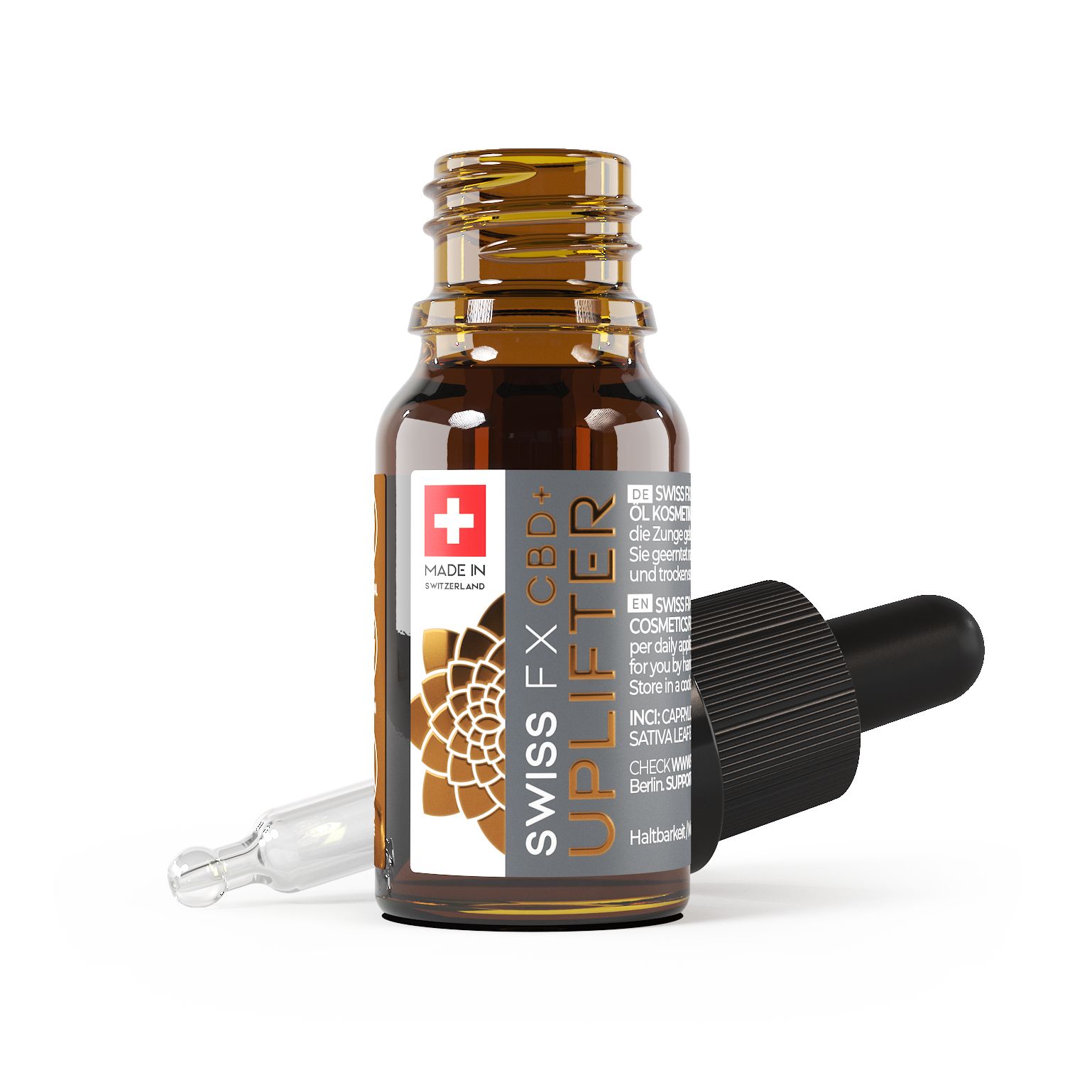 Braunglasflasche mit Tropfer. Tropfer liegt daneben. Aufschrift: SWISS FX CBD+ UPLIFTER. Schweizer Kreuz.