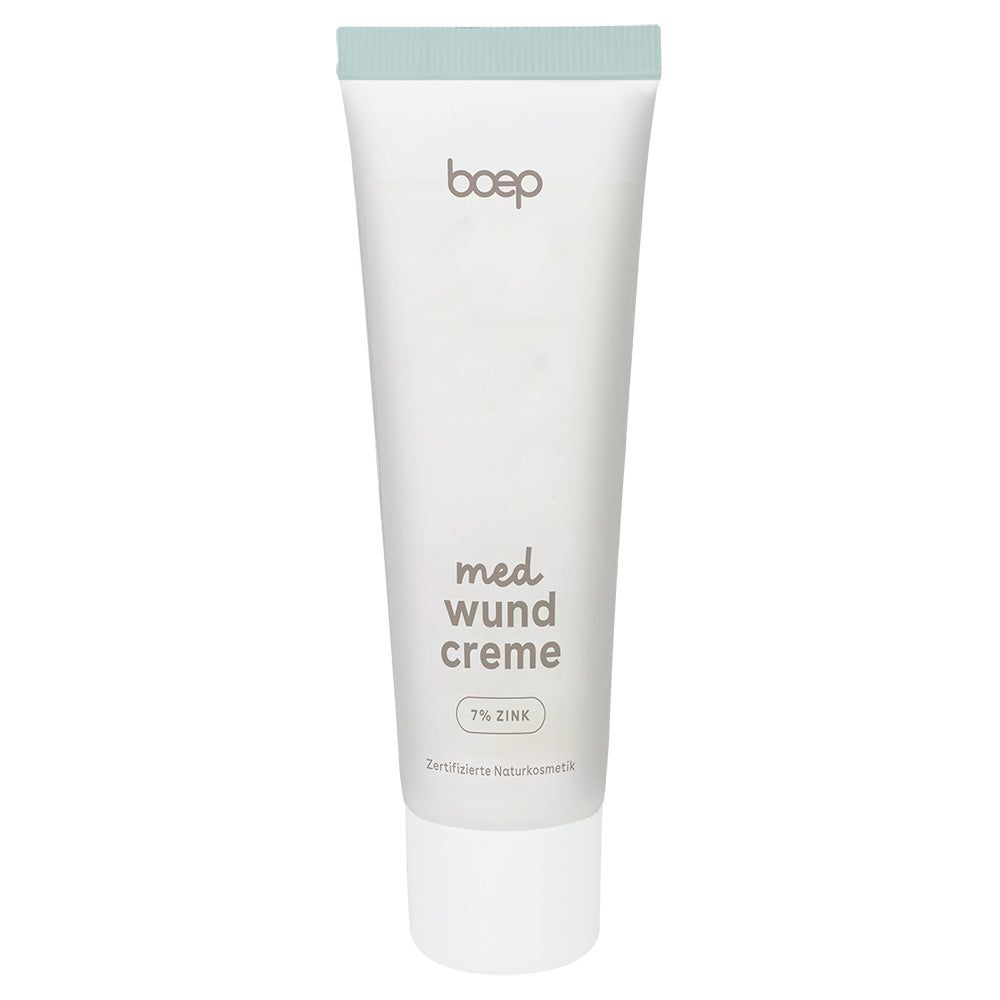 Creme-Tube. Text: boep, med wund creme, 7% Zink. Weißes Rohr, mintfarbener Deckel.