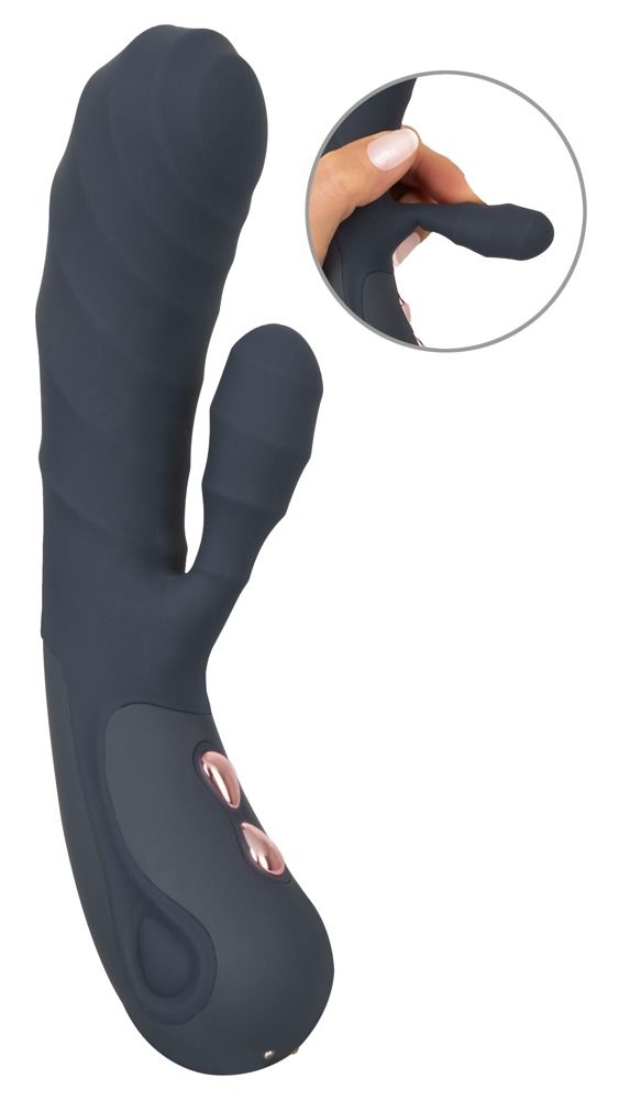 Dunkelgrauer Vibrator mit zwei Stimulationsbereichen und Bedienknöpfen. Zusätzliche Nahaufnahme der Spitze. Aus Silikon.