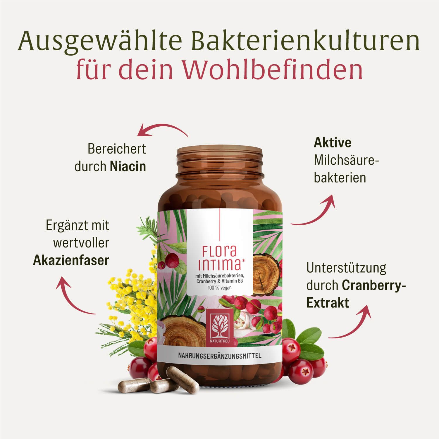 Flasche Flora Intima mit Milchsäurebakterien, Cranberry & Vitamin B3, 100% vegan.