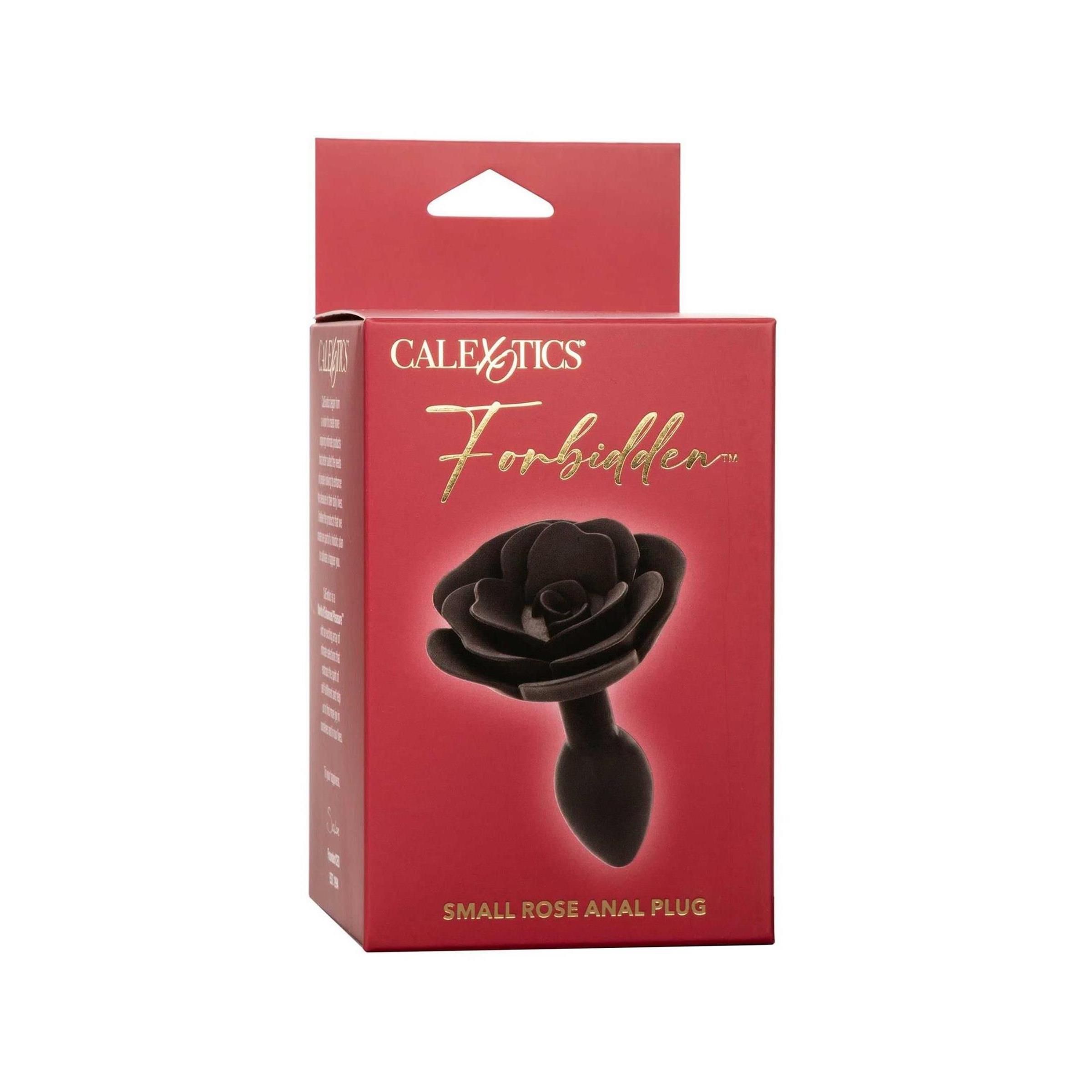 Schwarzer Anal Plug in Rosenform, verpackt in einer roten Schachtel mit Markenlogo und Produktbezeichnung.