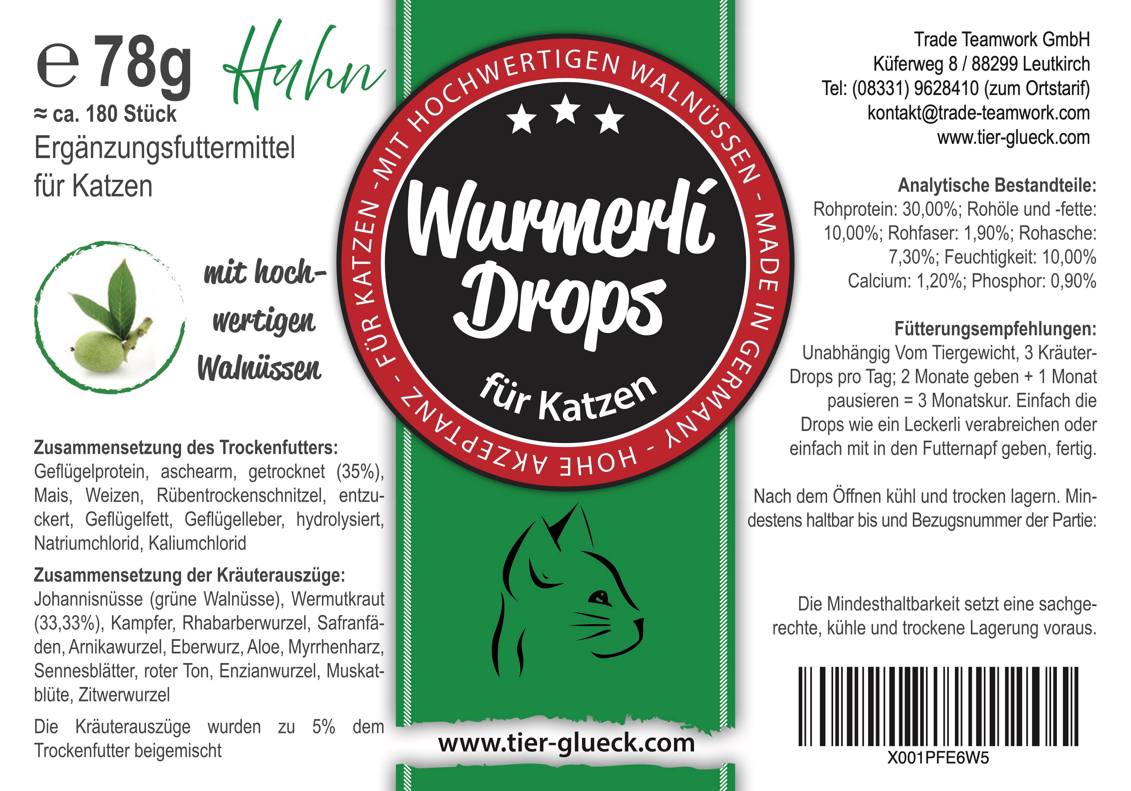 Etikett TierGlück Wurmerli Drops für Katzen. Runder Aufkleber, grüne Blätter, Katze. Text: mit hochwertigen Walnüssen.