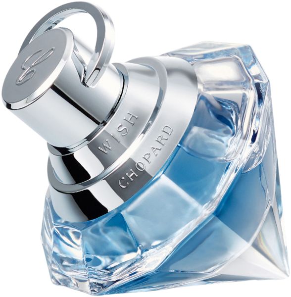 Chopard Wish Eau De Parfum Spray, Flakon. Blaue Flüssigkeit, silberner Verschluss, diamantförmig.