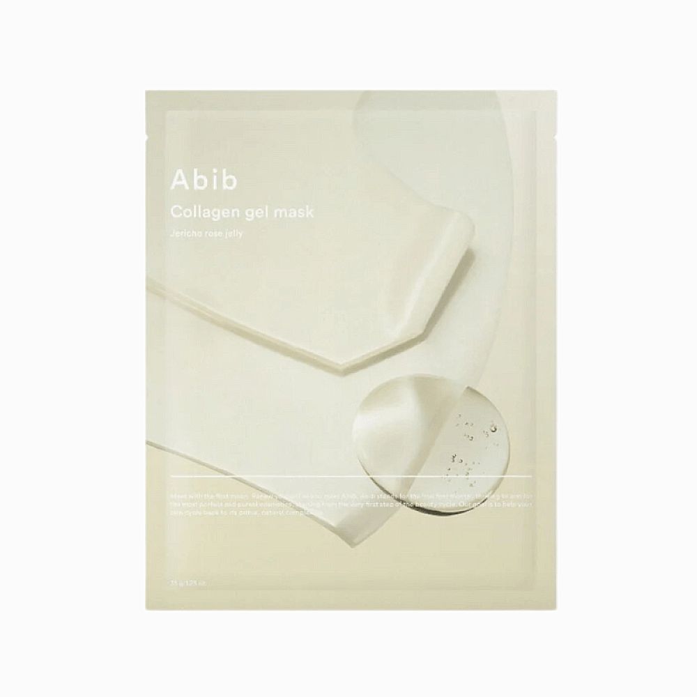 Verpackung einer Gesichtsmaske. Aufschrift: Abib Collagen Gel Mask. Transparente Maske und Flüssigkeit sind sichtbar.