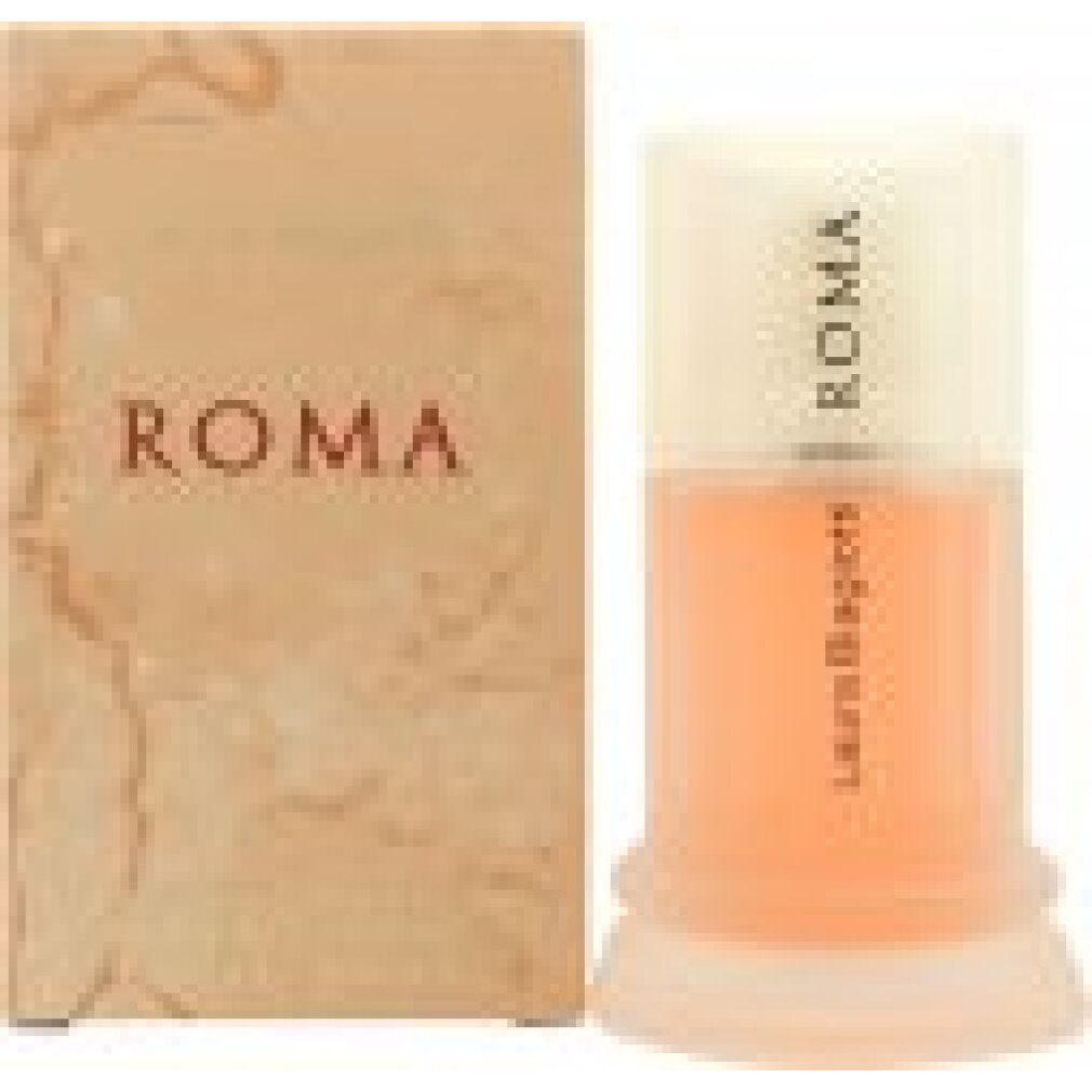 Parfümflakon und Verpackung. Flakon mit weißem Deckel, Aufschrift "ROMA" und "Laura Biagiotti". Verpackung mit "ROMA".