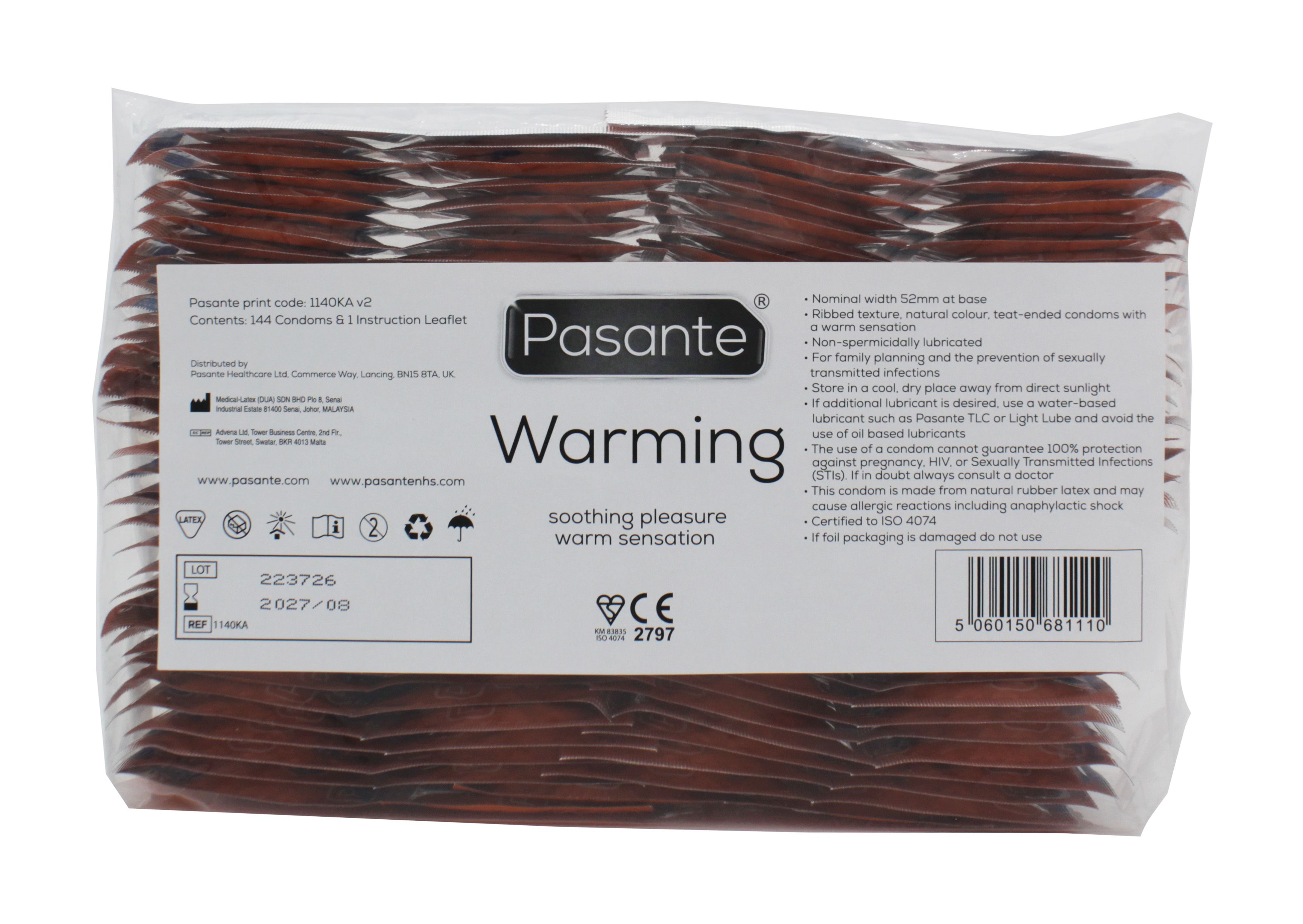 Packung Kondome. Produktname "Warming". Text und Logos. CE-Kennzeichnung.