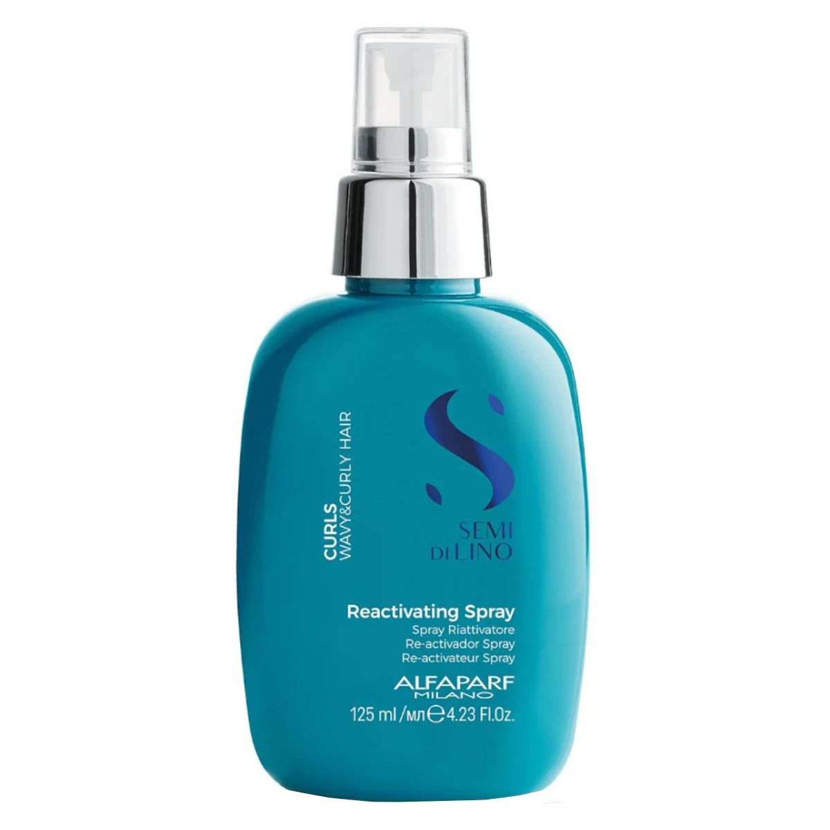 Türkise Sprühflasche mit silbernem Pumpaufsatz. Enthält Alfaparf Semi di Lino Reactivating Spray.