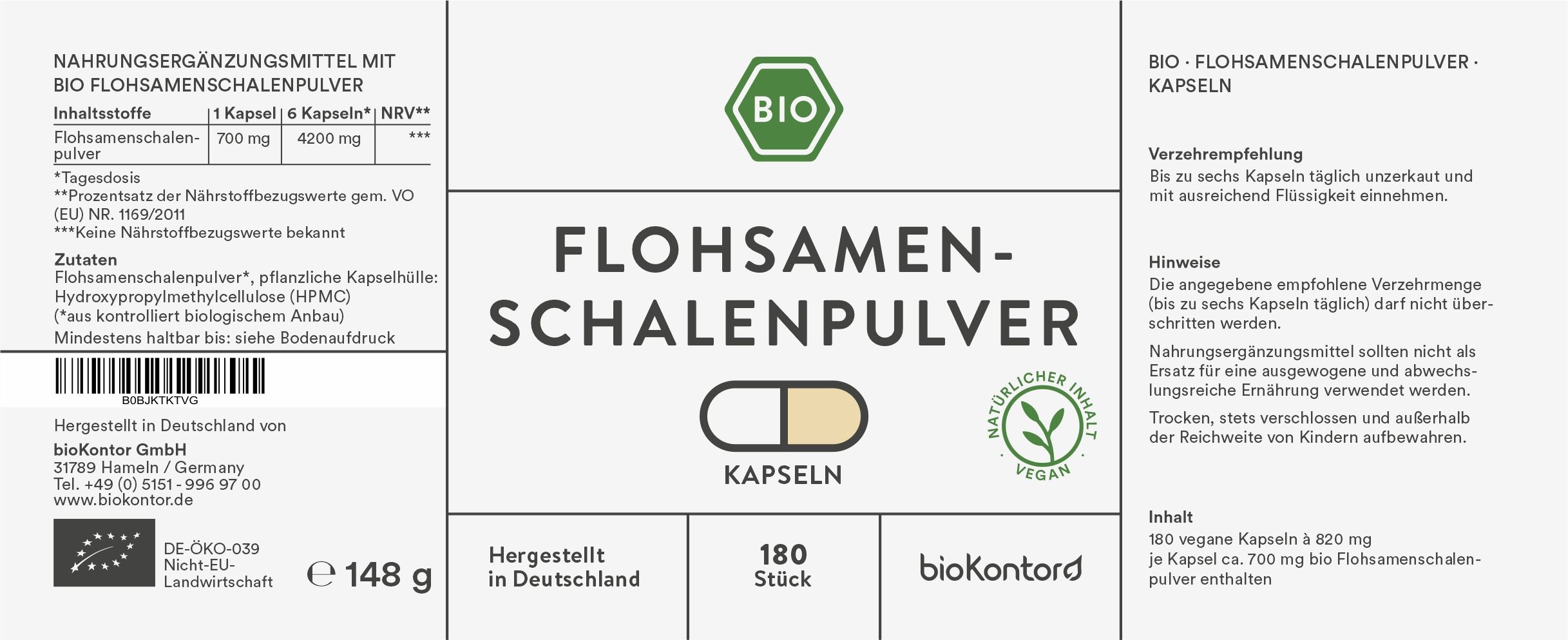 bioKontor Flohsamenschalen Kapseln 148 g