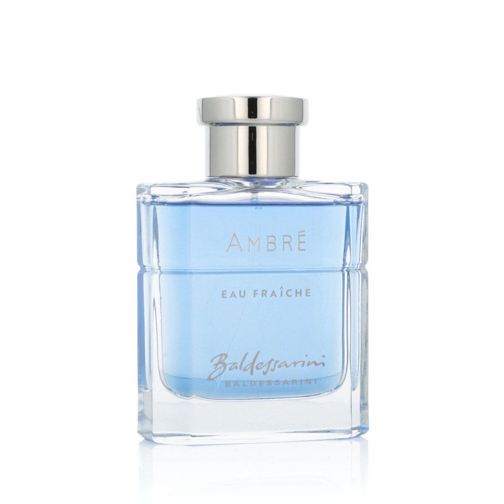 Blaues Parfümflakon mit silbernem Verschluss. Aufschrift: Ambre Eau Fraîche, Baldessarini. Eckige Form.