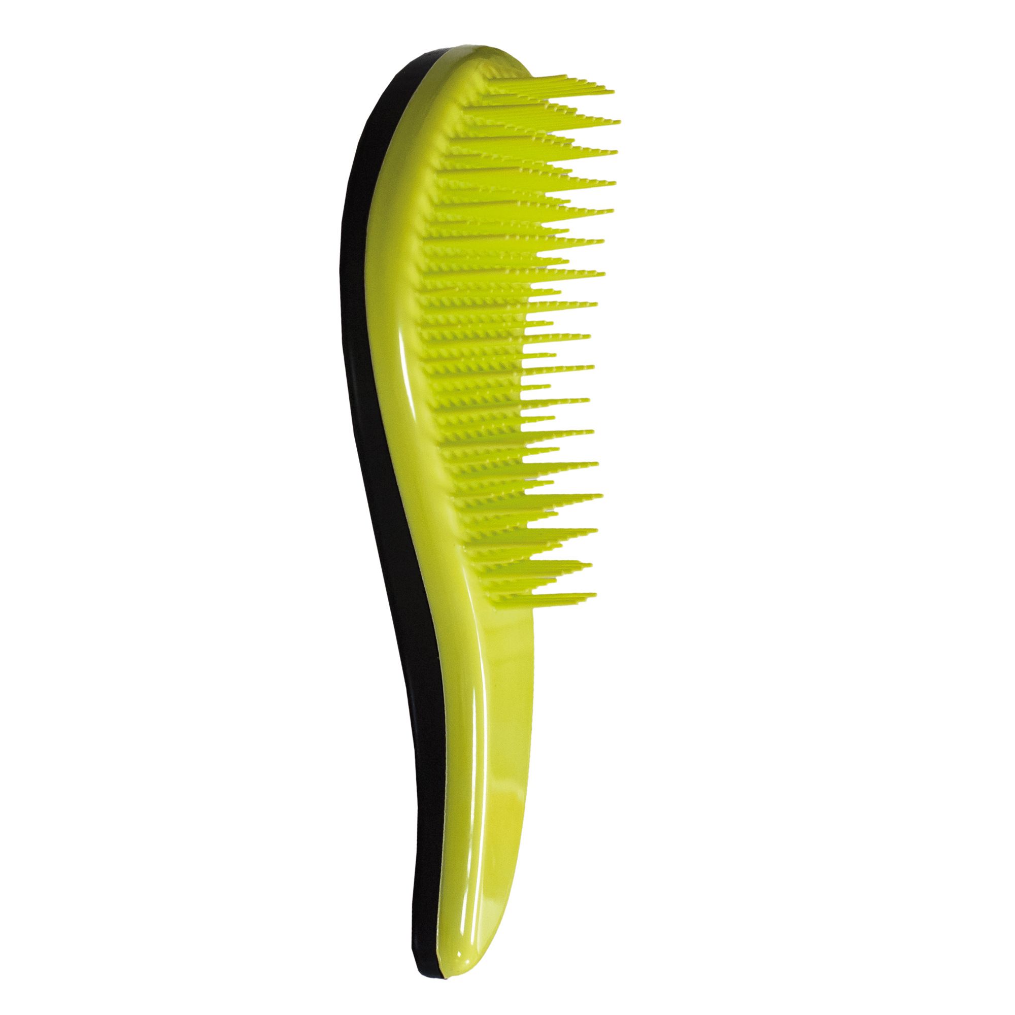 Gelb-schwarze Haarbürste. Ergonomisch geformt, mit gelben Borsten. Schwarzer Griff, gelber Bürstenkopf.