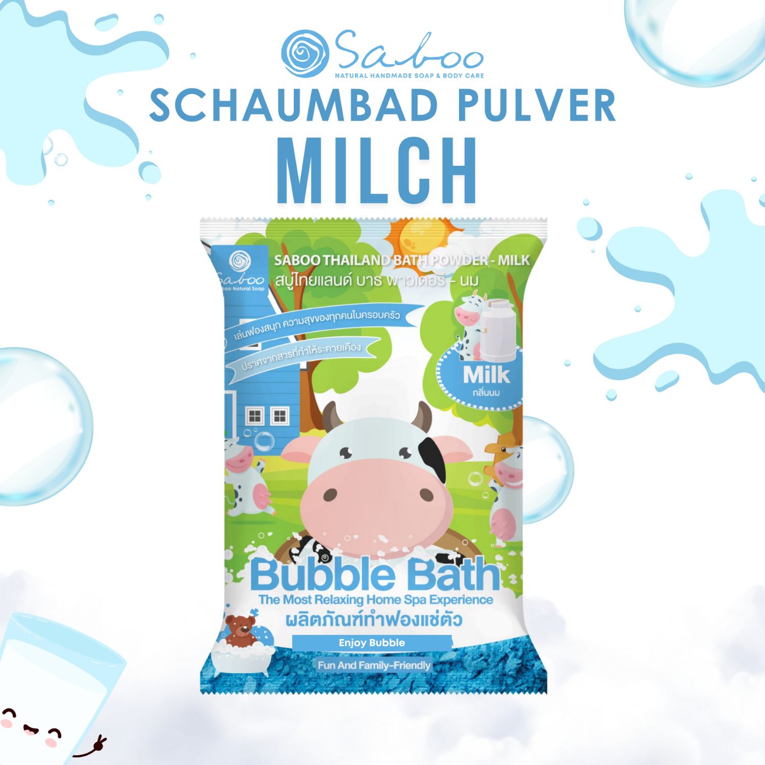 SABOO Schaumbad Pulver - Milch. Verpackung mit Kuh-Illustration. Text: Schaumbad Pulver, Milch.