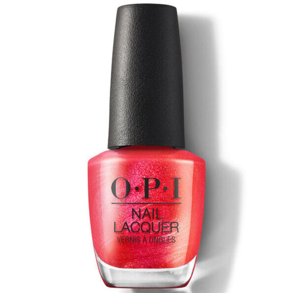 Nagellackflasche mit rotem Lack. Schwarzer Deckel, transparente Flasche. OPI-Logo und Produktname sichtbar.