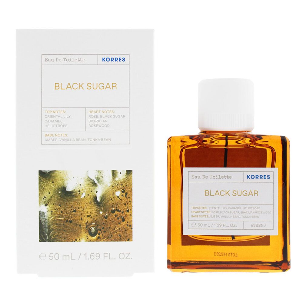KORRES Black Sugar Eau de Toilette Flakon und Verpackung. Flakon mit weißem Verschluss, bernsteinfarbener Flüssigkeit.