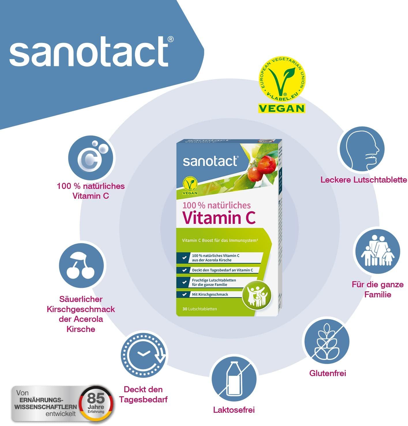 sanotact Natürliches Vitamin C (Großpackung), Acerola Tabletten vegan, für Kinder & Erwachsene