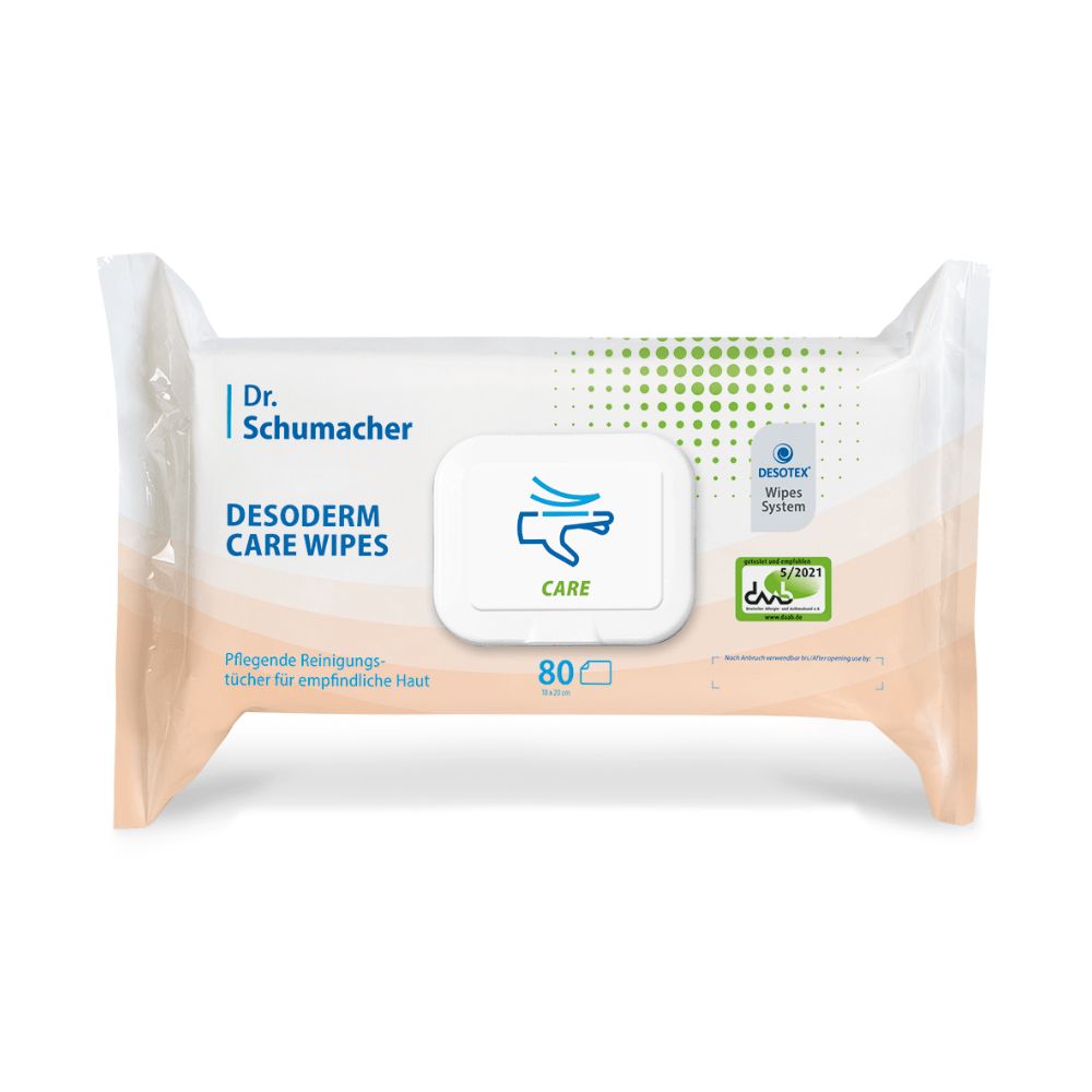 Packung Desoderm Care Wipes Feuchttücher. Weiße Verpackung mit Produktnamen und Logo. Enthält 80 Tücher. Mit Zertifizierungen.