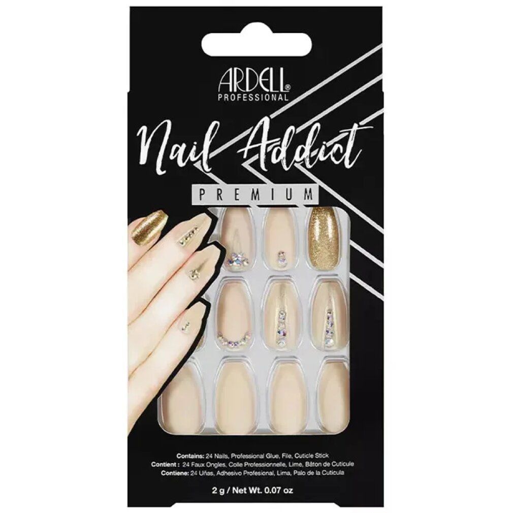 Ardell Nail Addict Premium Kunstnägel. Beige und goldfarbene Nägel mit Schmucksteinen. Schwarze Verpackung mit Produktnamen.